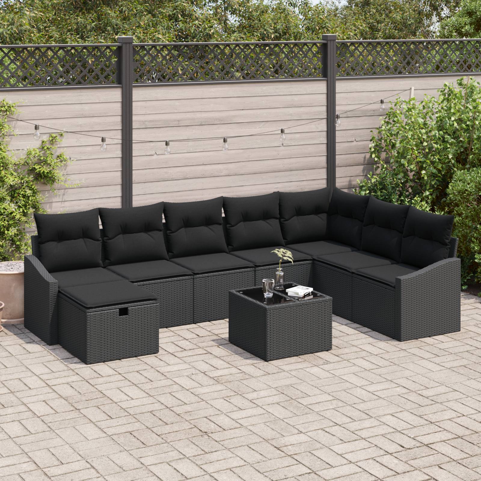 vidaXL 9-tlg. Garten-Sofagarnitur mit Kissen Schwarz Poly Rattan