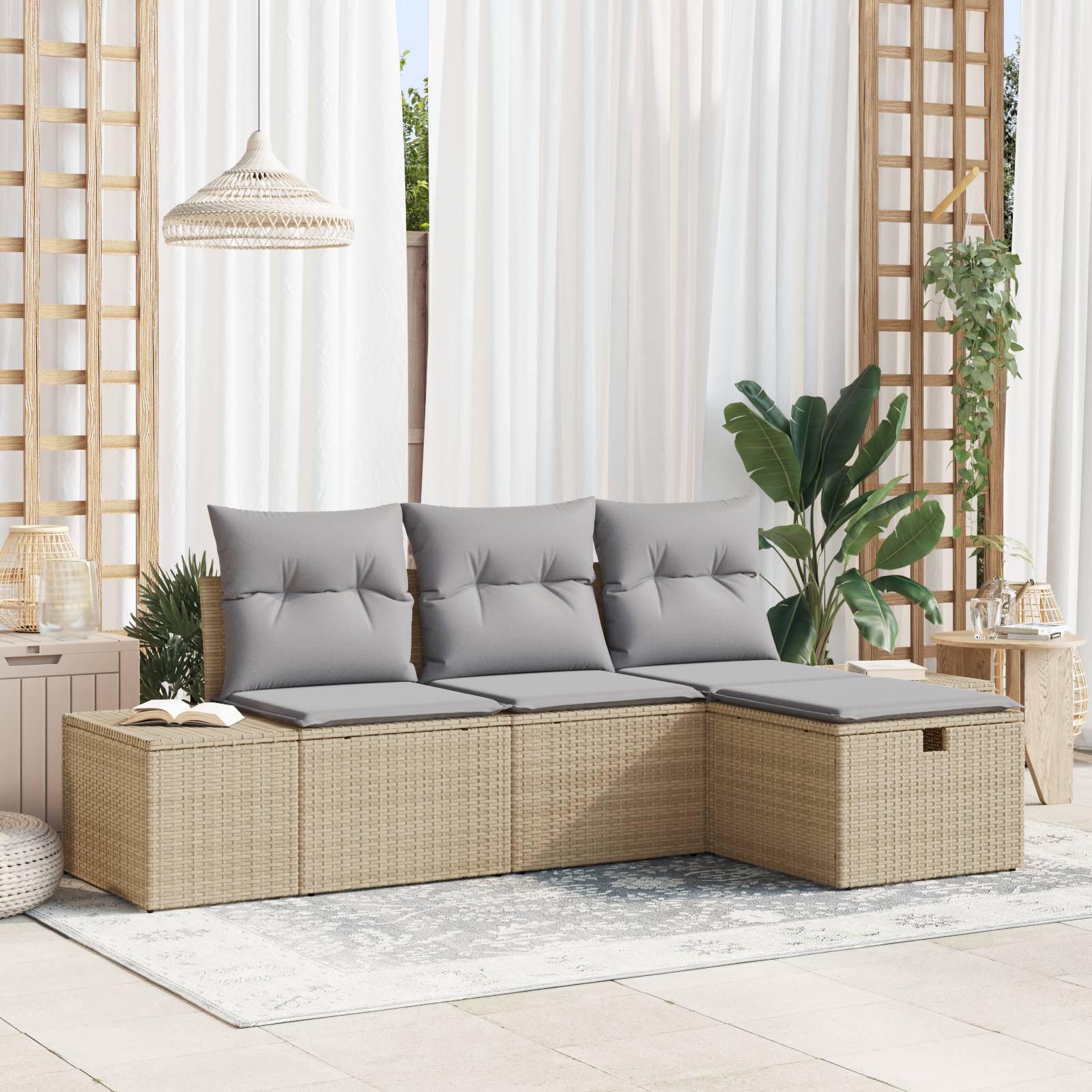 vidaXL 4-tlg. Garten-Sofagarnitur mit Kissen Beige Poly Rattan
