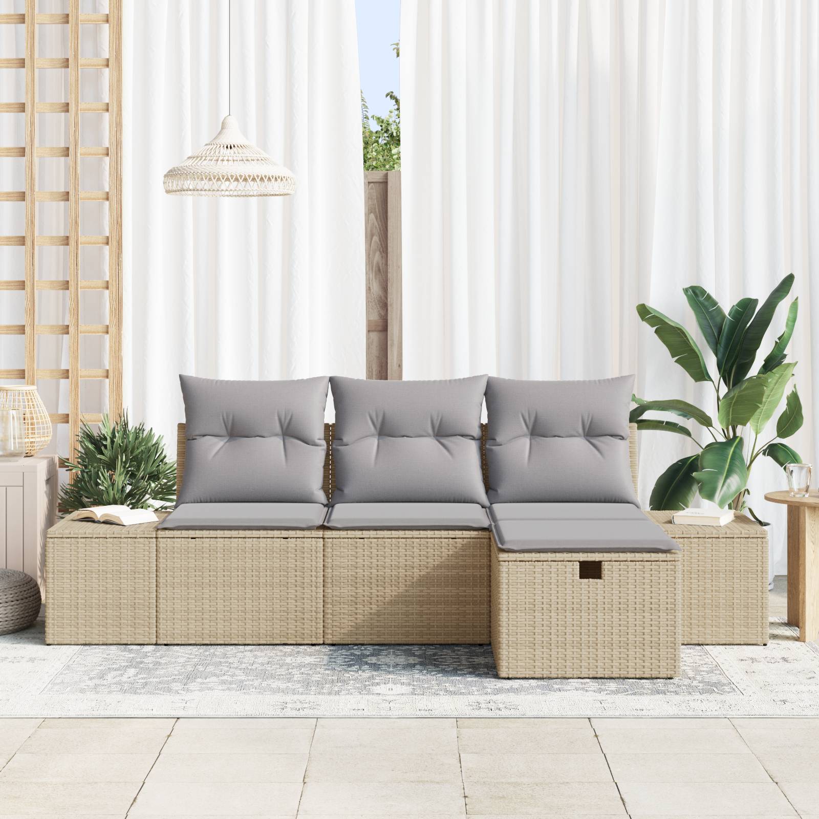 vidaXL 4-tlg. Garten-Sofagarnitur mit Kissen Beige Poly Rattan
