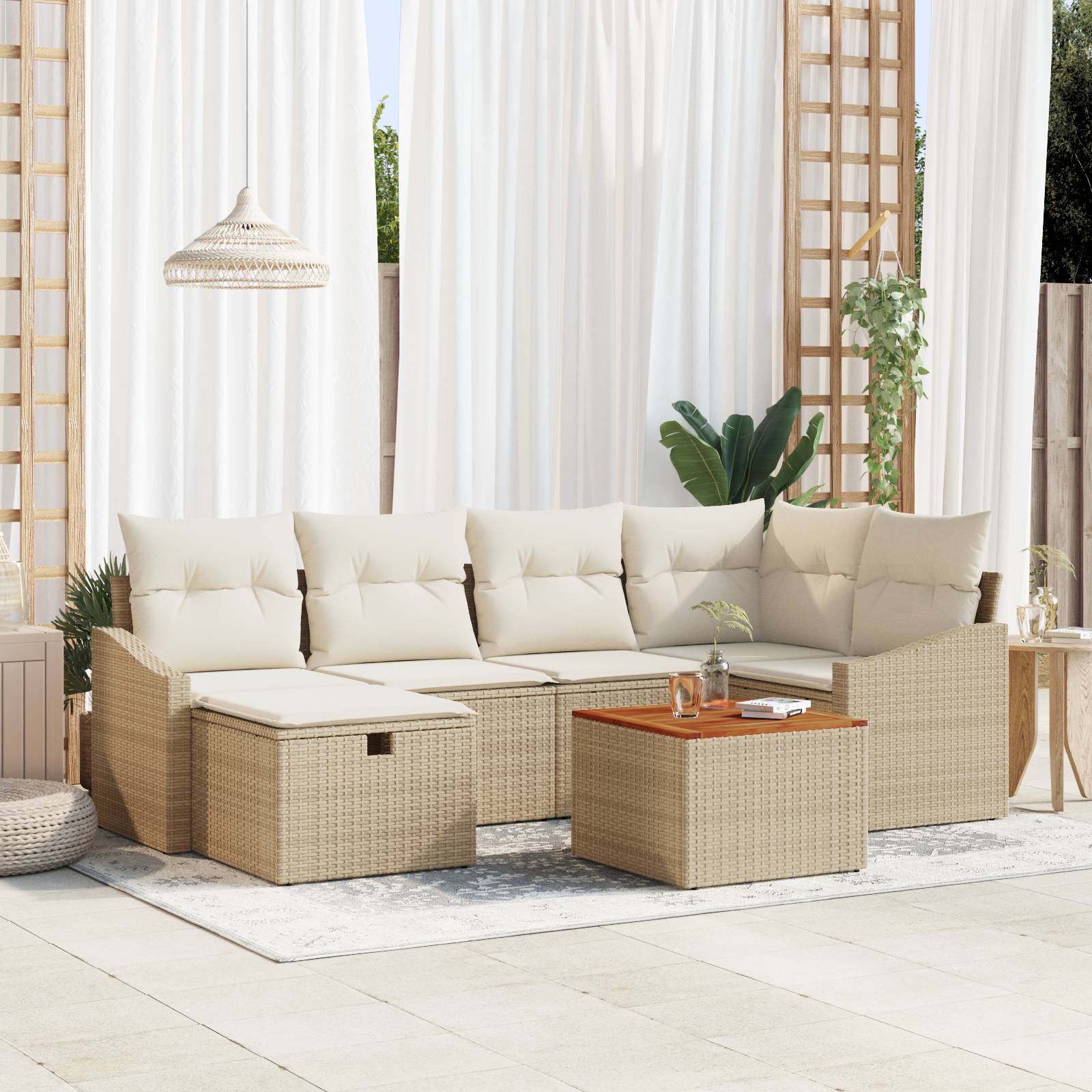 vidaXL 7-teiliges Garten Sofa Set mit Kissen Beige Poly Rattan