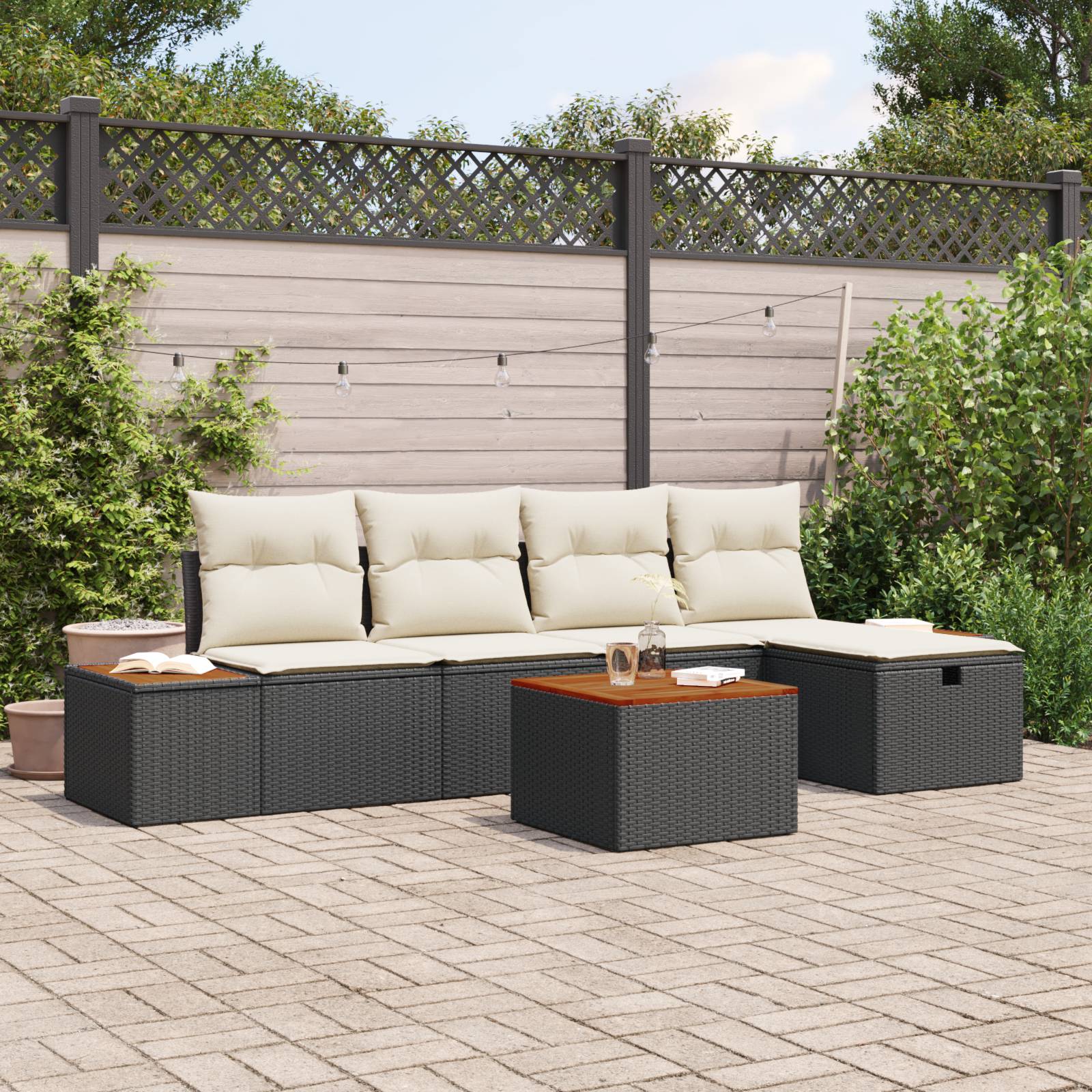 vidaXL 6-teiliges Garten-Sofa-Set mit Kissen Schwarz Poly-Rattan