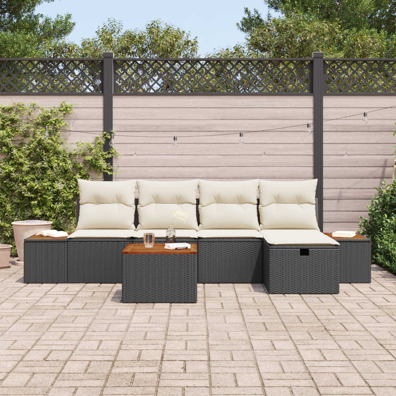 vidaXL 6-teiliges Garten-Sofa-Set mit Kissen Schwarz Poly-Rattan