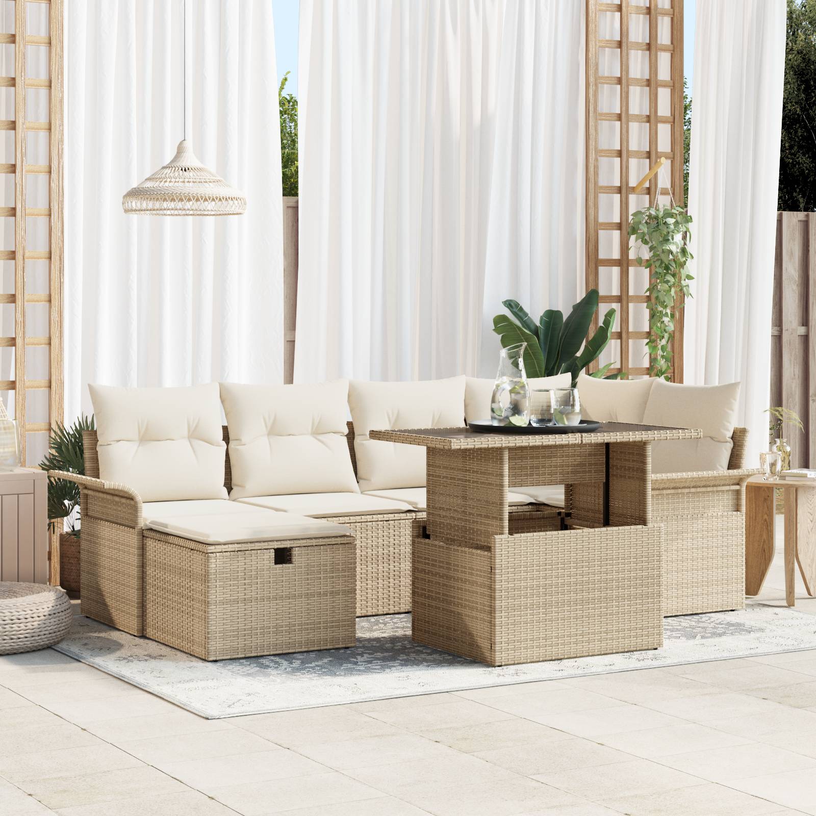 vidaXL 7-teiliges Garten Sofa Set mit Kissen Beige Poly Rattan