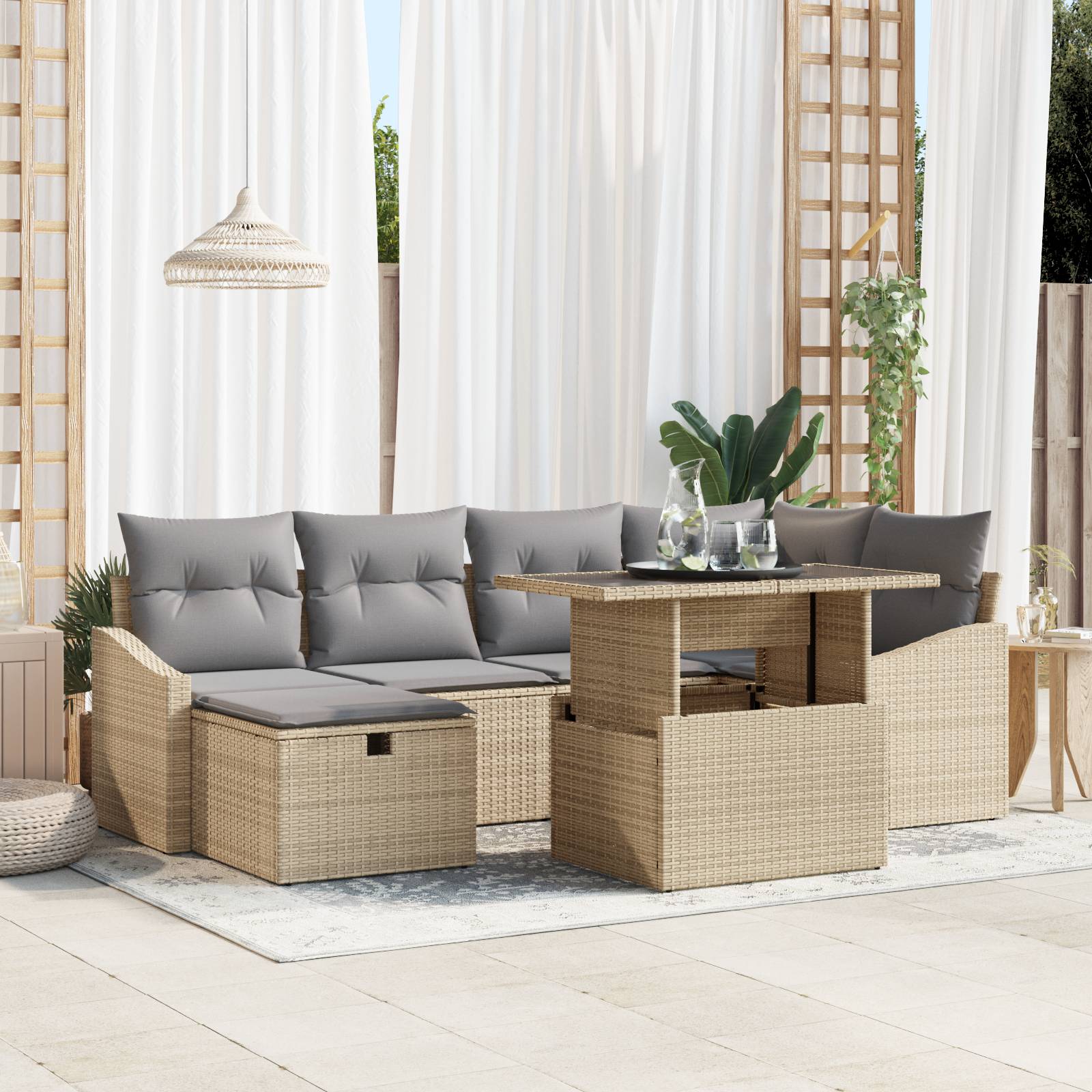 vidaXL 7-teilige Garten Sofa Set mit Kissen Beige Poly Rattan