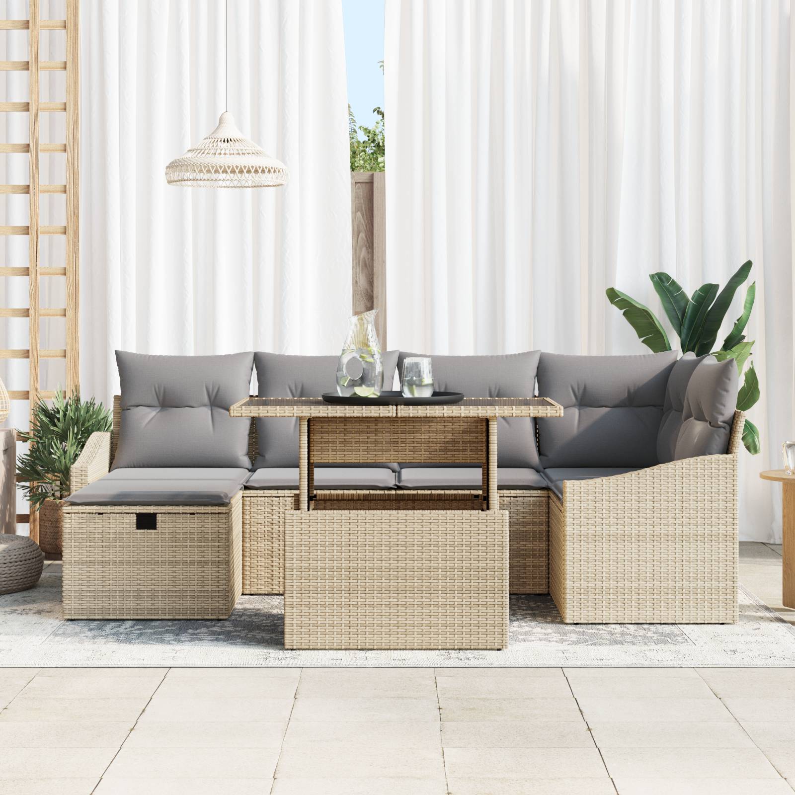 vidaXL 7-teilige Garten Sofa Set mit Kissen Beige Poly Rattan
