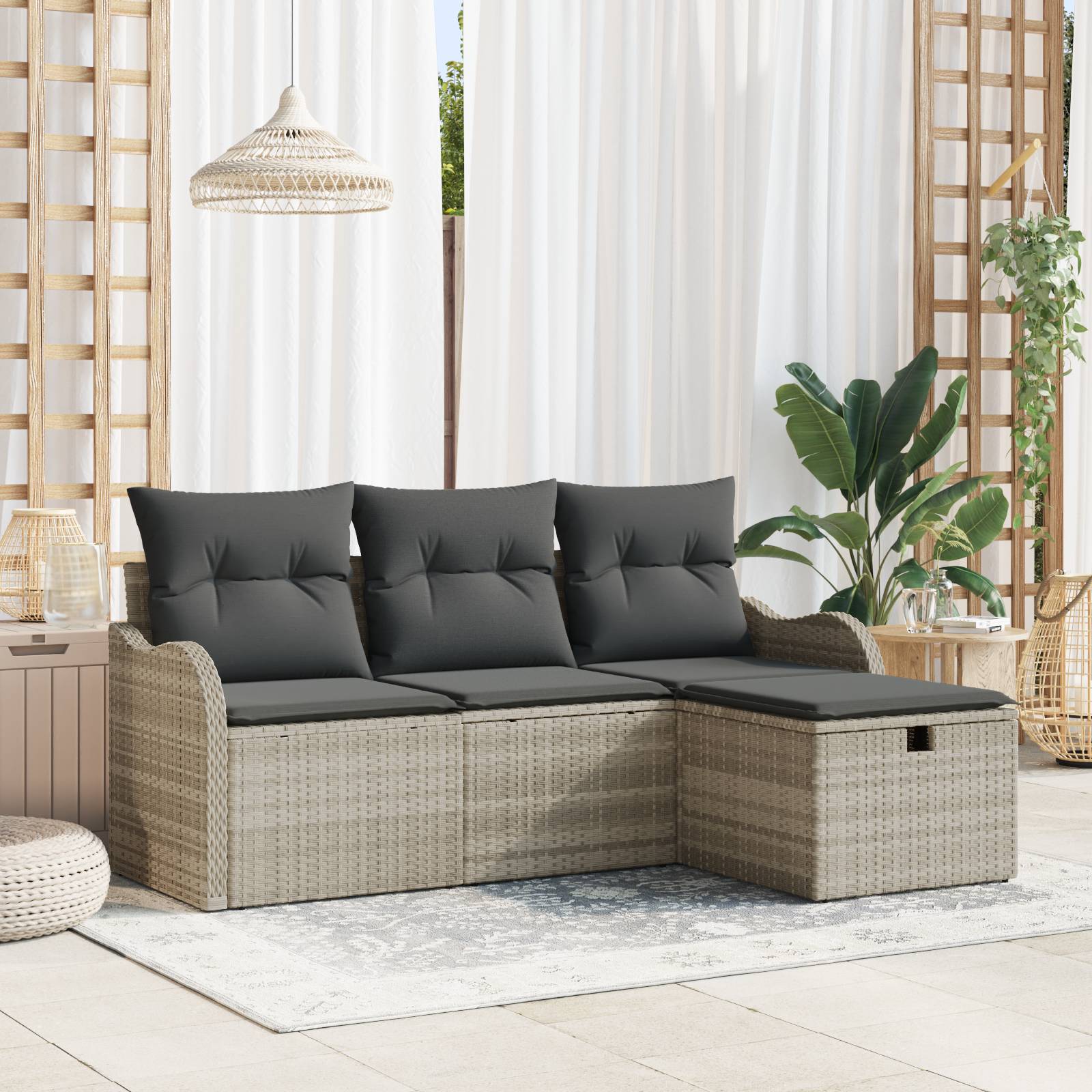 vidaXL 4-teiliges Garten Sofa Set mit Kissen, hellgrauem Poly Rattan