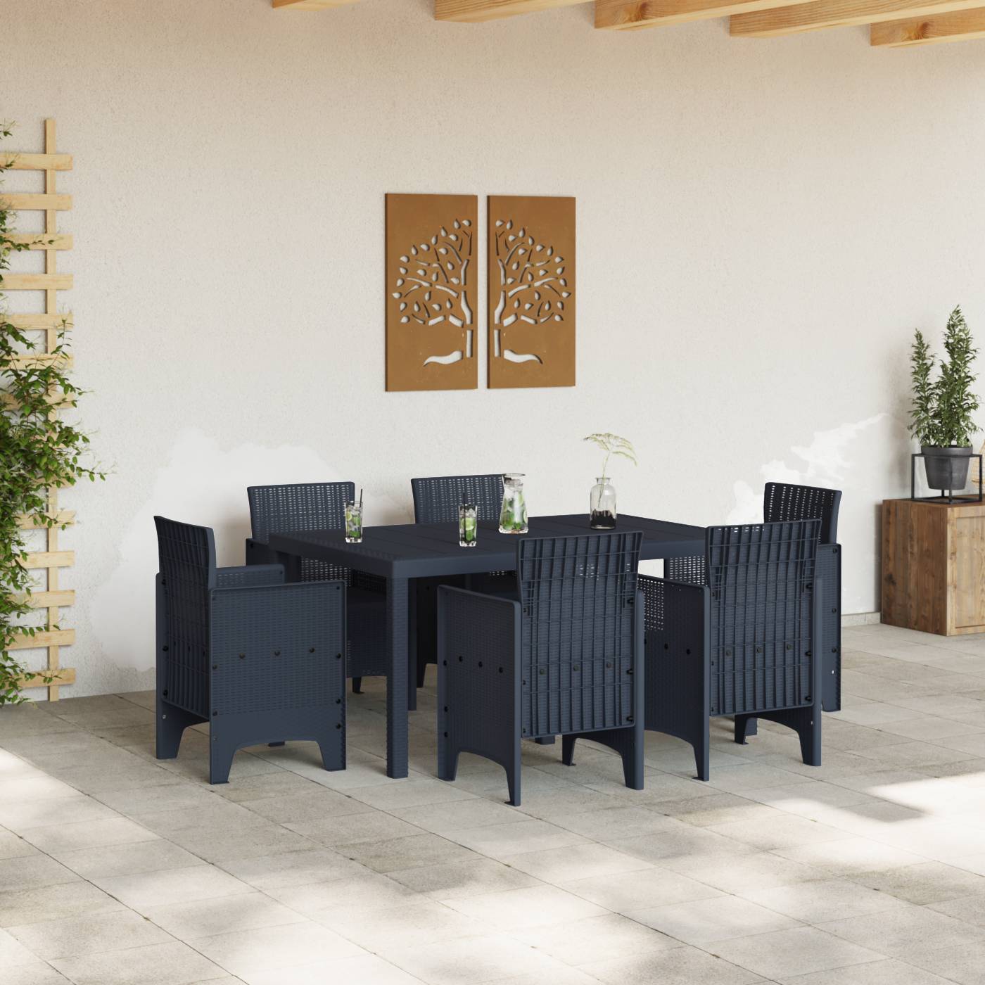 vidaXL 7-teiliges Garten Esszimmer Set Anthrazit Poly Rattan