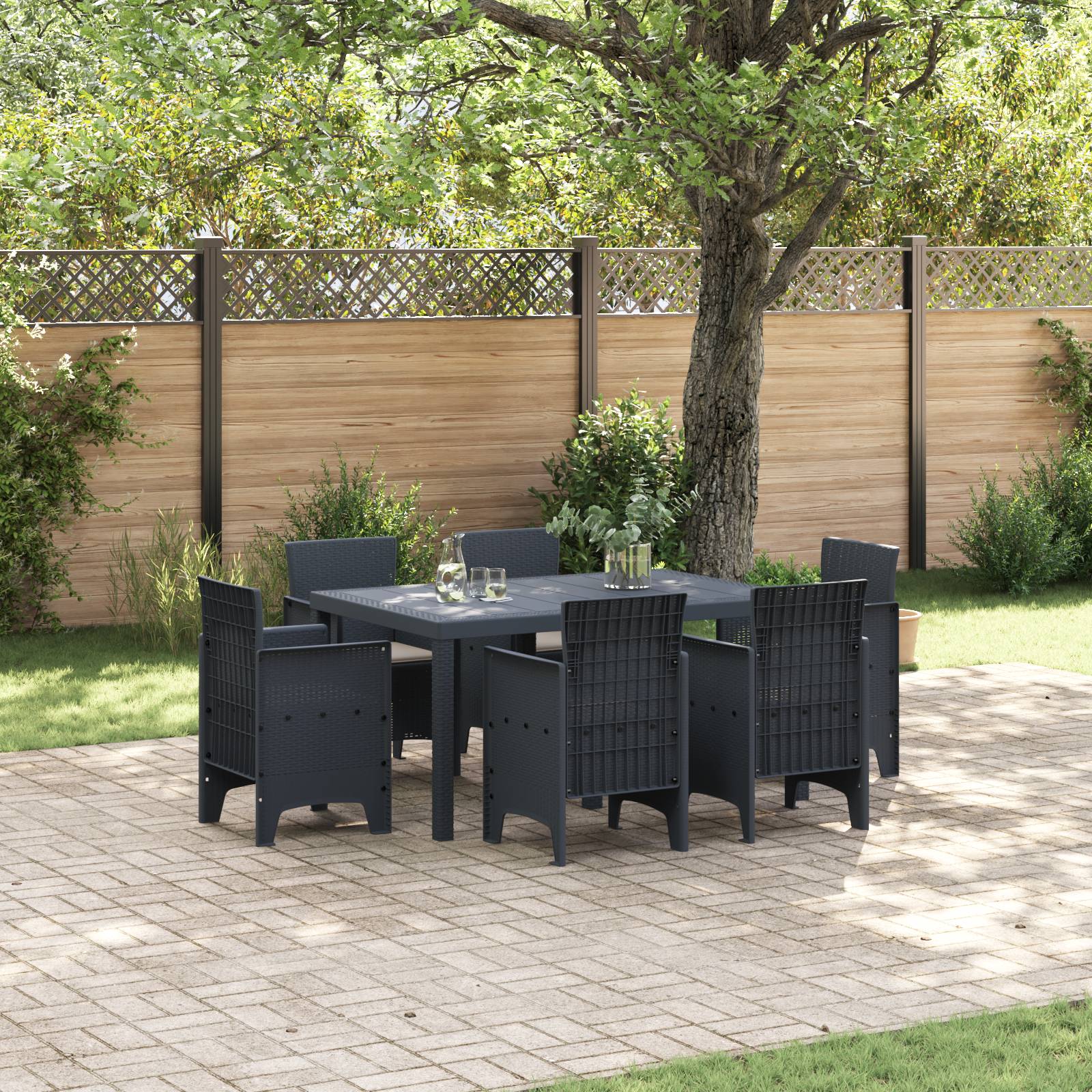 vidaXL 7 teiliges Garten Essset mit Kissen Anthrazit Poly Rattan