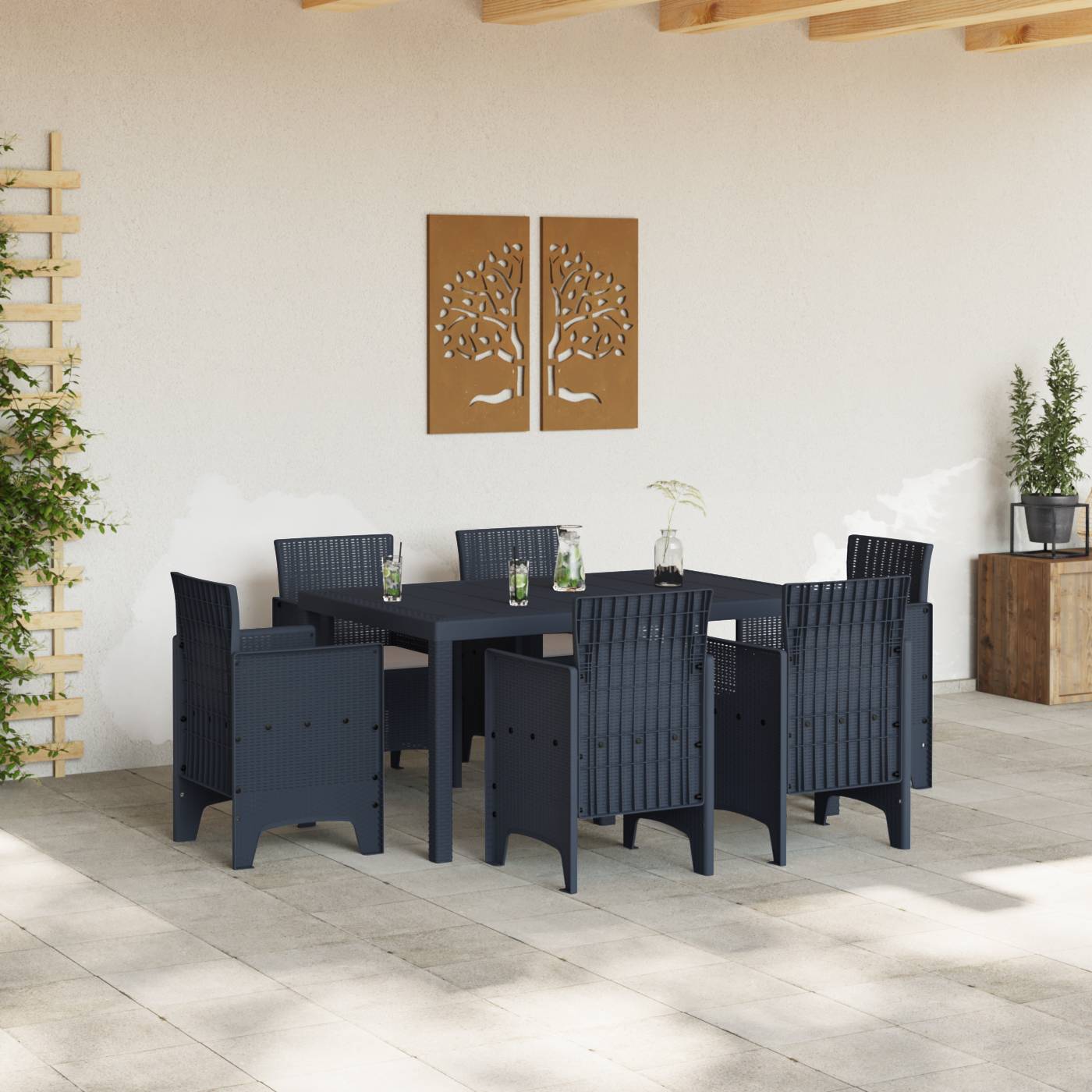 vidaXL 7 teiliges Garten Essset mit Kissen Anthrazit Poly Rattan