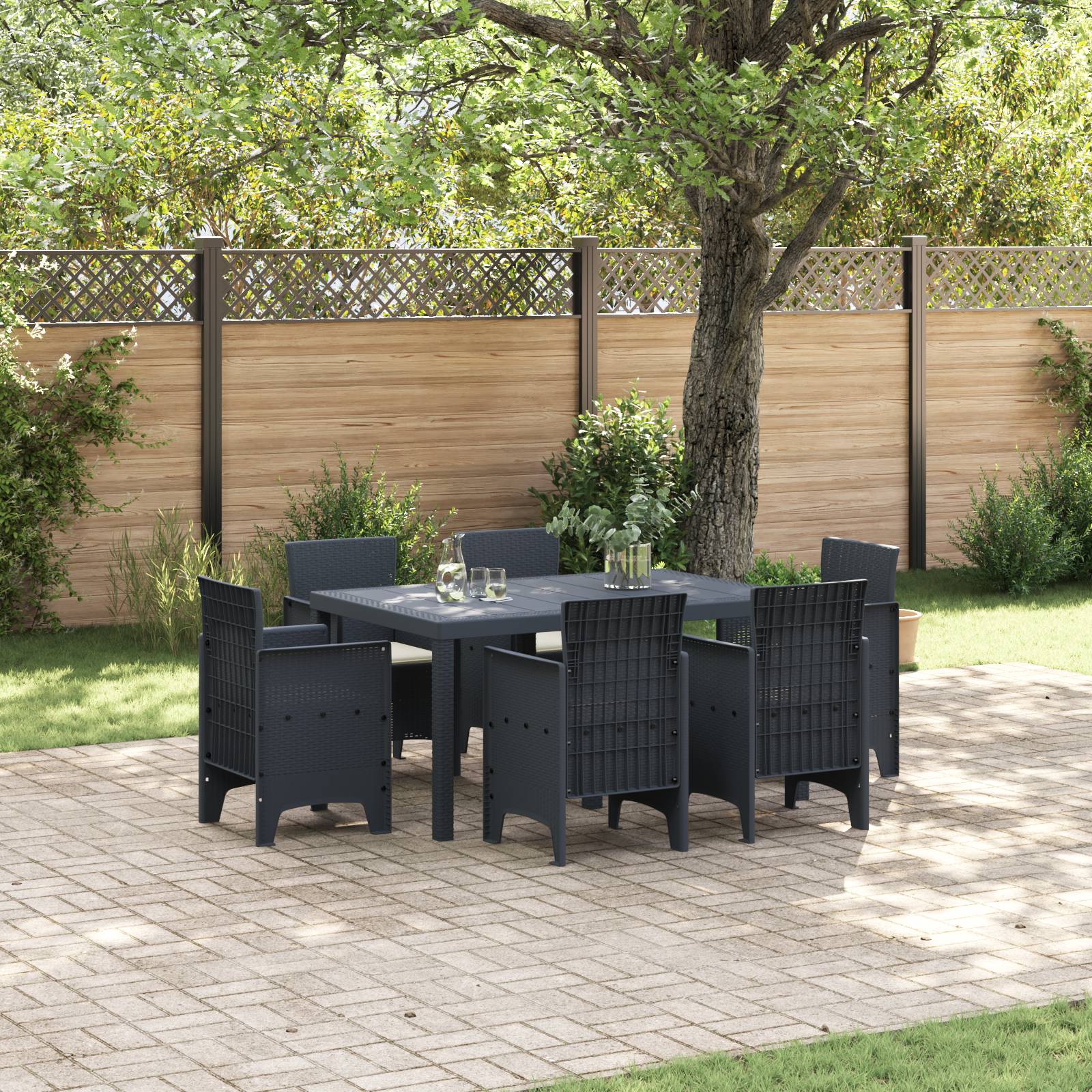 vidaXL 7-teiliges Garten Esstisch Set mit Kissen Anthrazit Poly-Rattan