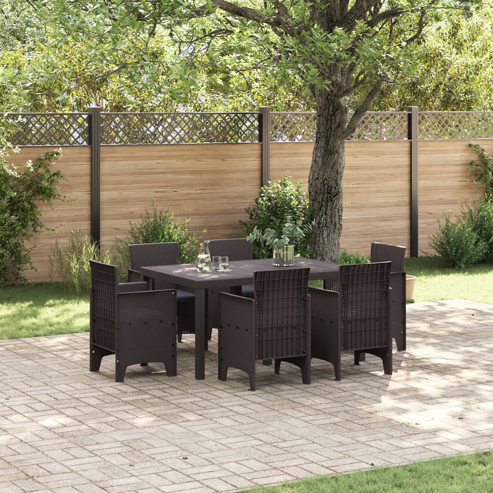 vidaXL 7-teiliges Garten Essset mit Kissen Braun Poly Rattan