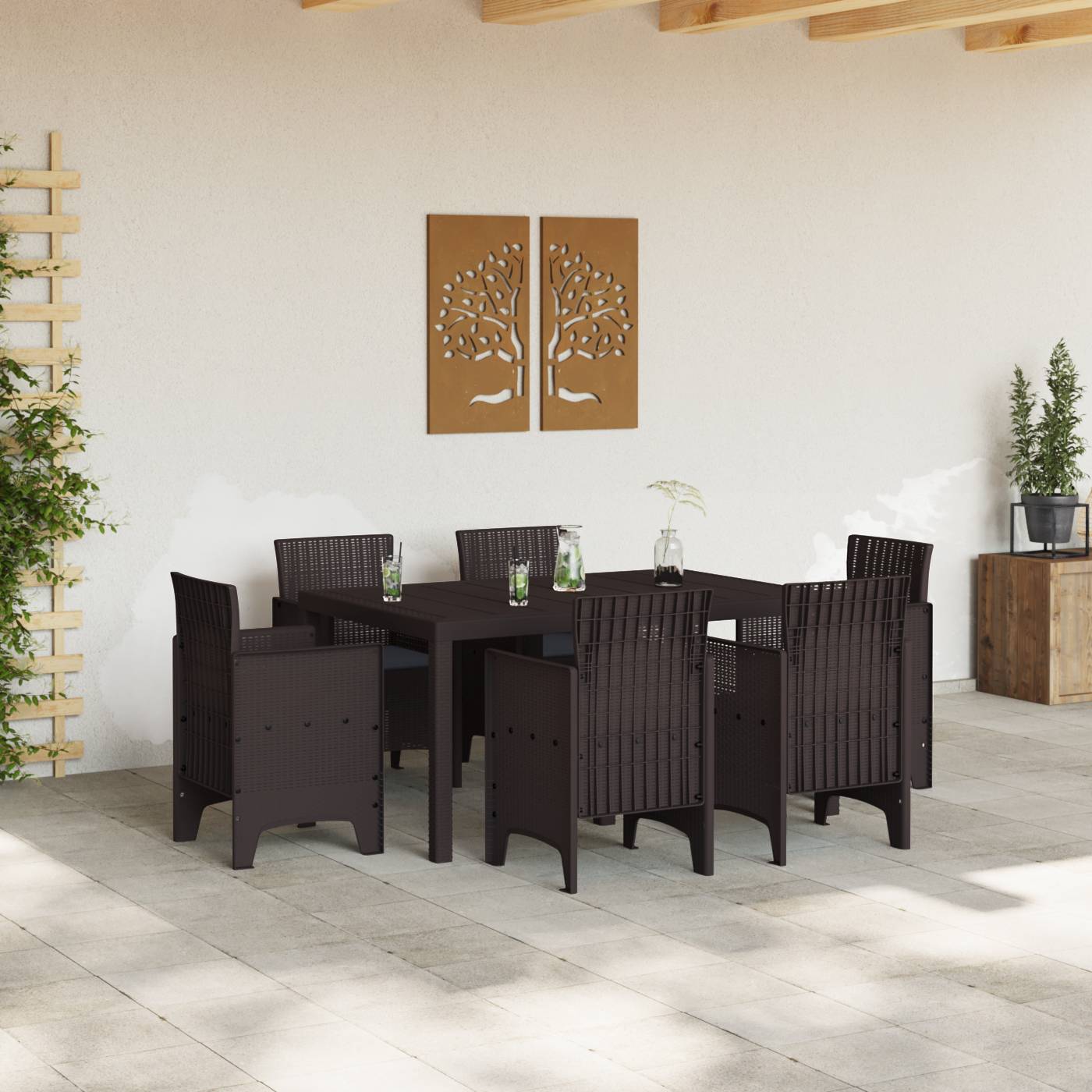 vidaXL 7-teiliges Garten Essset mit Kissen Braun Poly Rattan