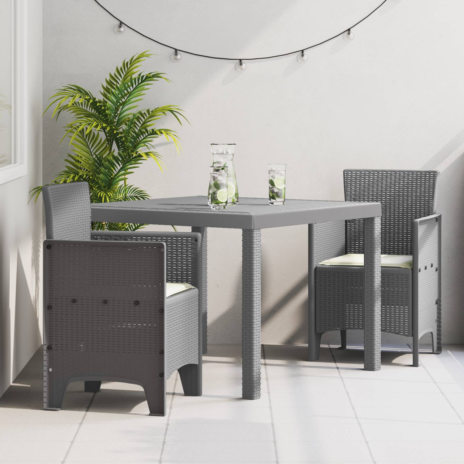 vidaXL 3-tlg. Garten-Essgruppe mit Kissen Hellgrau Poly Rattan