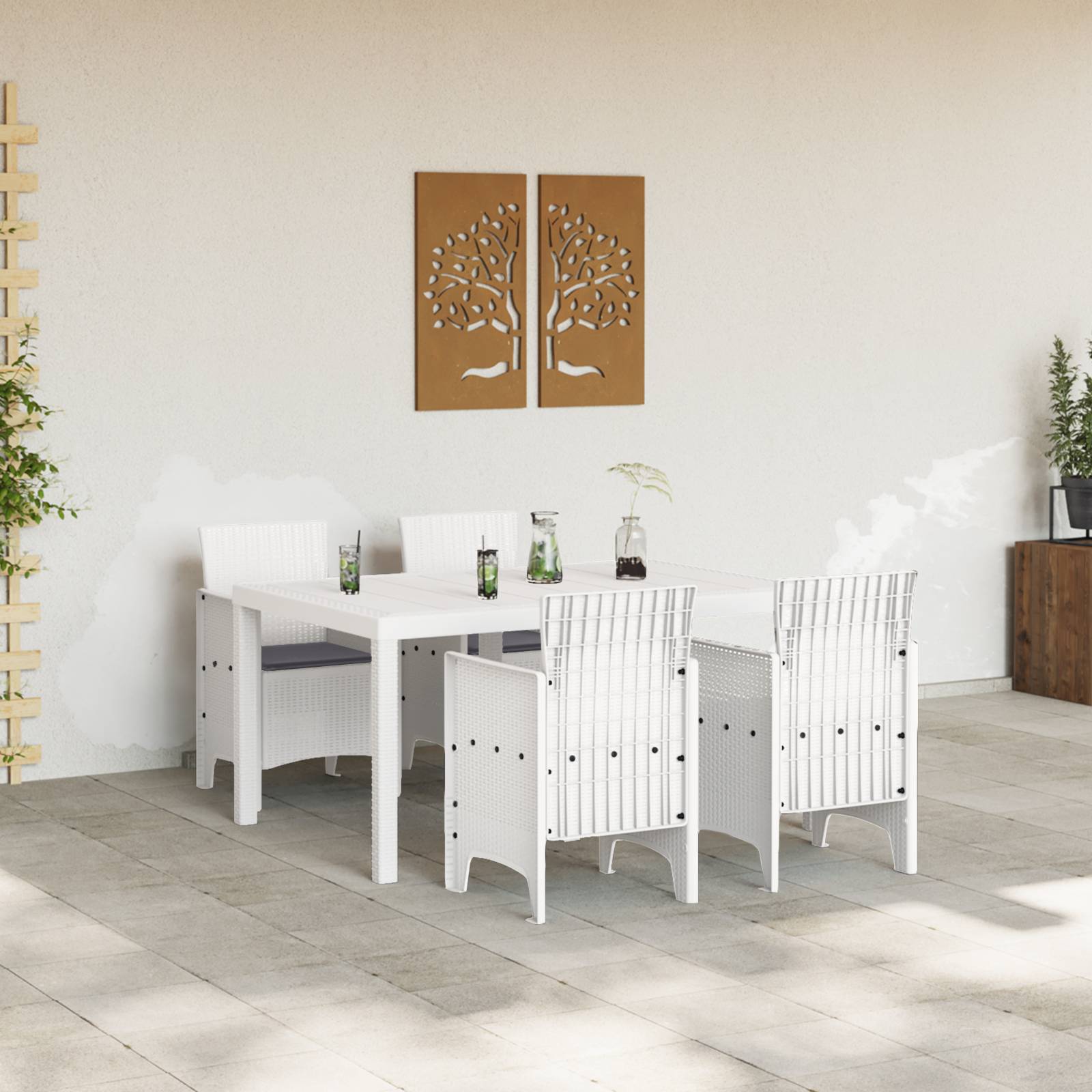 vidaXL 5-teiliges Garten Essgruppe mit Kissen Weiß Poly-Rattan