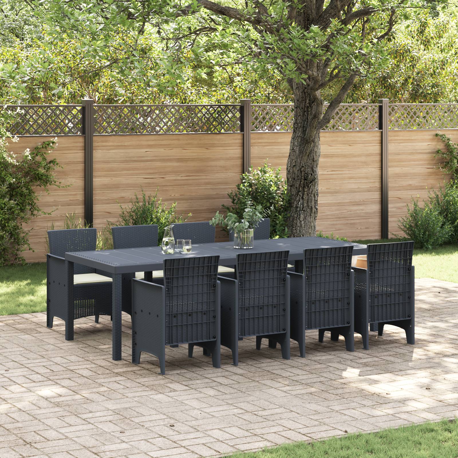 vidaXL 9-tlg. Garten-Essgruppe mit Kissen Anthrazit Poly Rattan