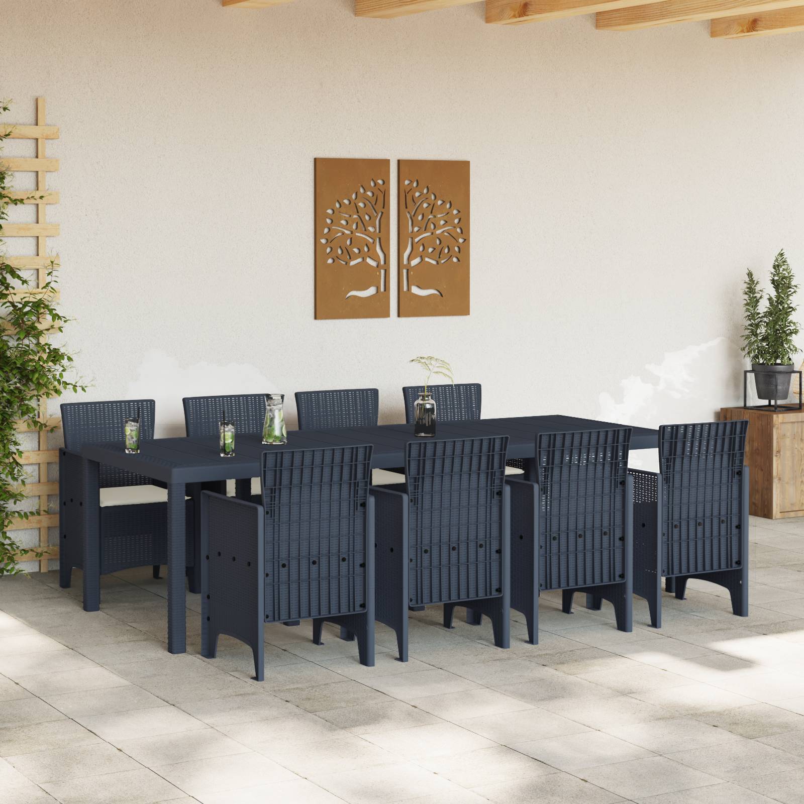 vidaXL 9-tlg. Garten-Essgruppe mit Kissen Anthrazit Poly Rattan