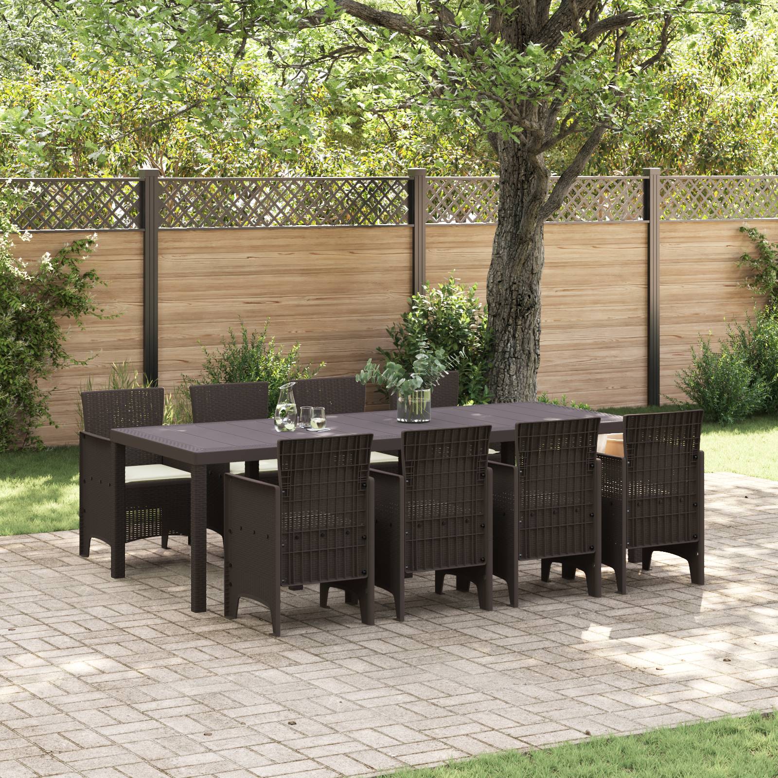 vidaXL 9-tlg. Garten-Essgruppe mit Kissen Braun Poly Rattan
