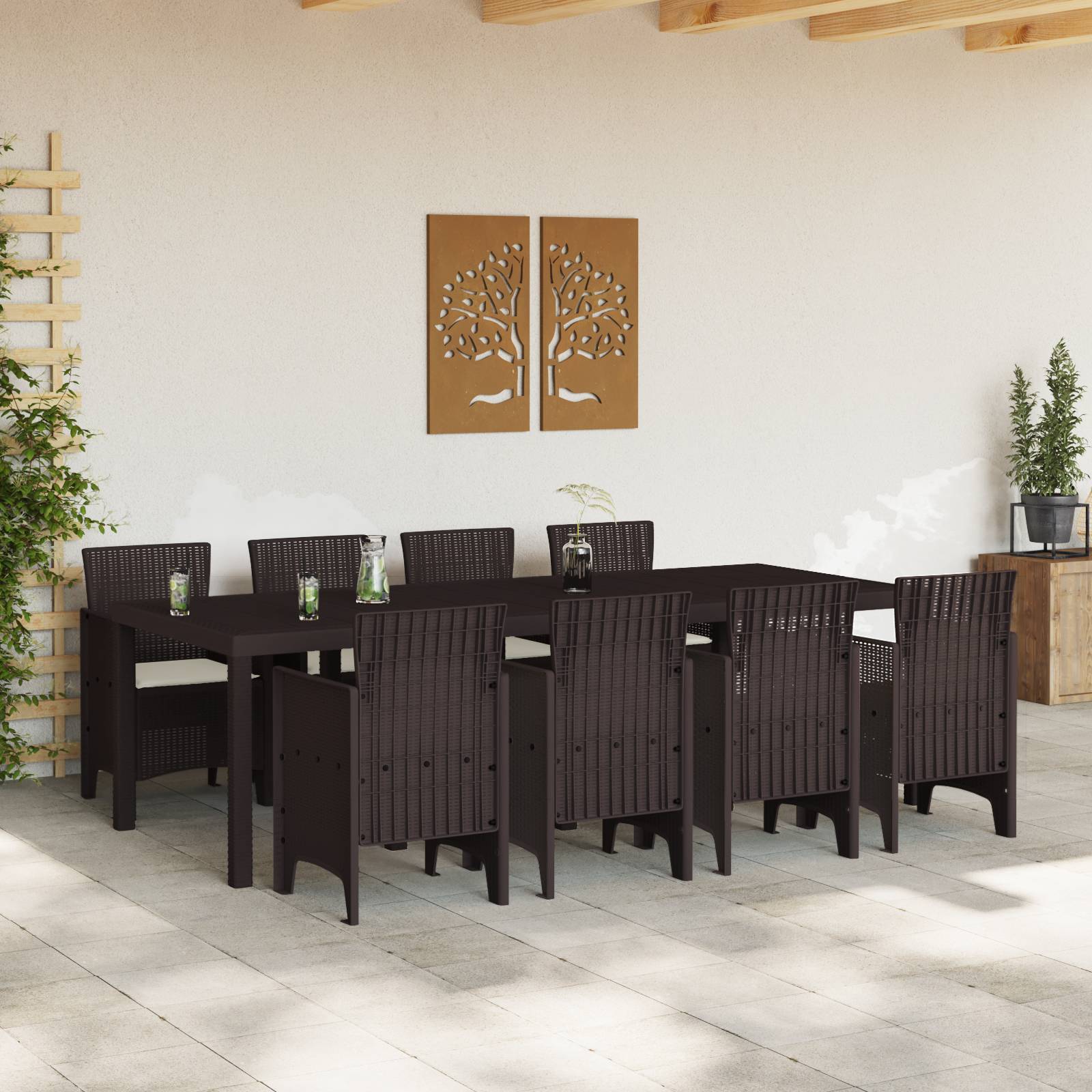 vidaXL 9-tlg. Garten-Essgruppe mit Kissen Braun Poly Rattan