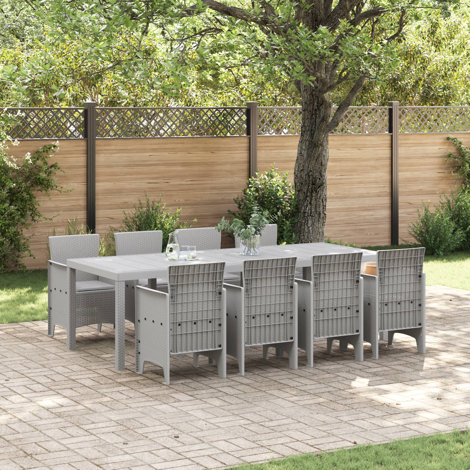 vidaXL 9-tlg. Garten-Essgruppe mit Kissen Weiß Poly Rattan