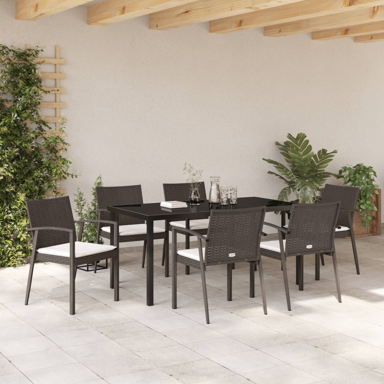 vidaXL 7-teiliges Garten-Esszimmer-Set mit Kissen aus braunem Poly-Rattan