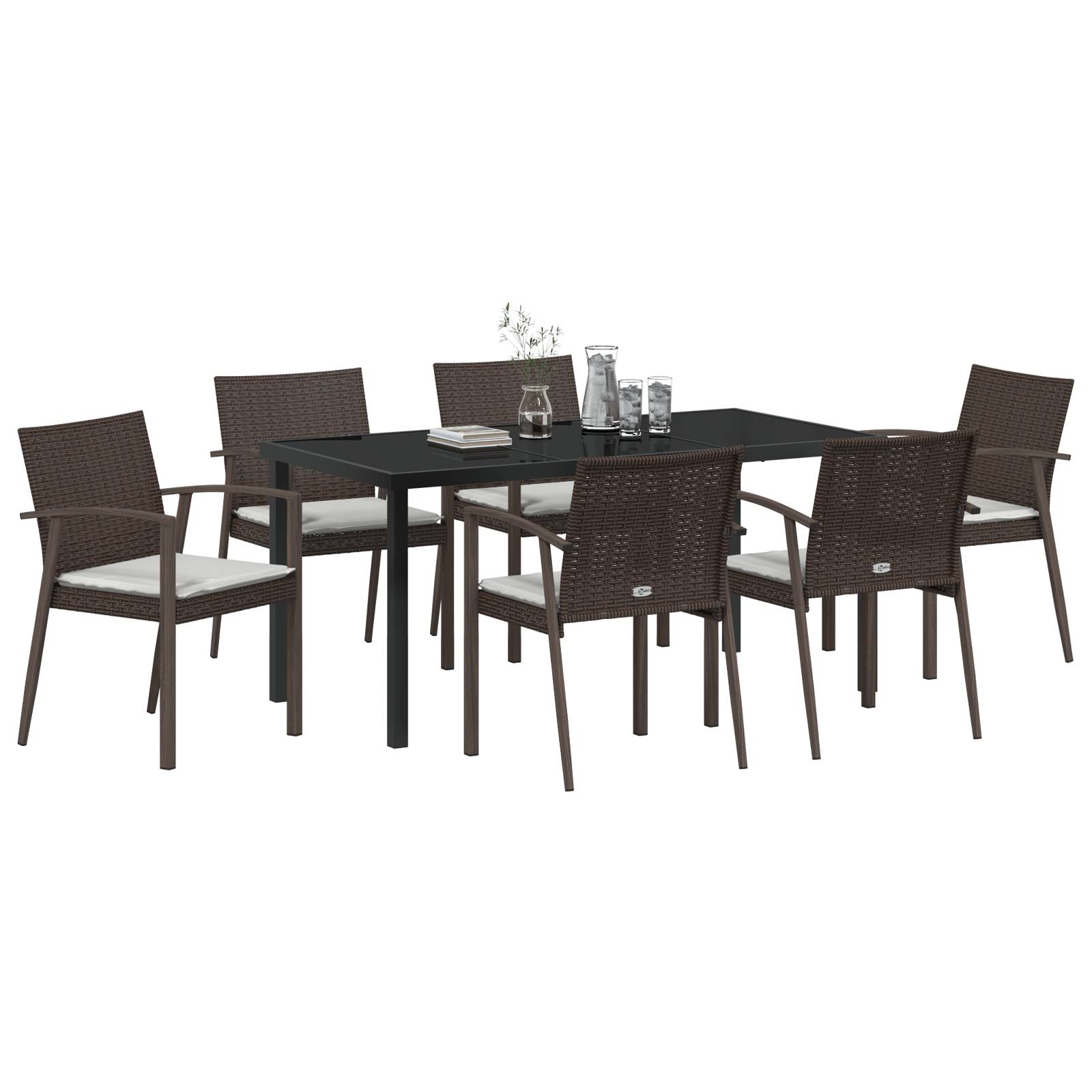 vidaXL 7-teiliges Garten-Esszimmer-Set mit Kissen aus braunem Poly-Rattan