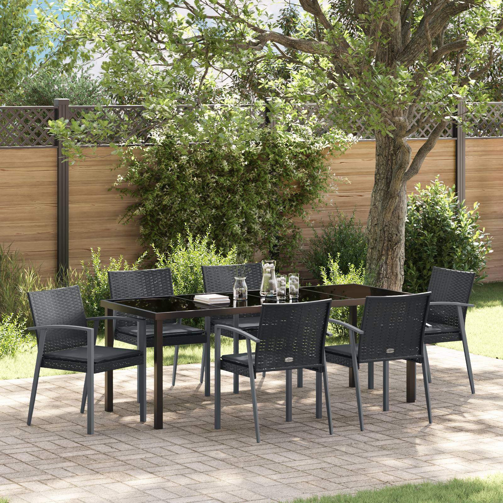 vidaXL 7-teiliges Garten-Essset mit Kissen Schwarz Poly Rattan