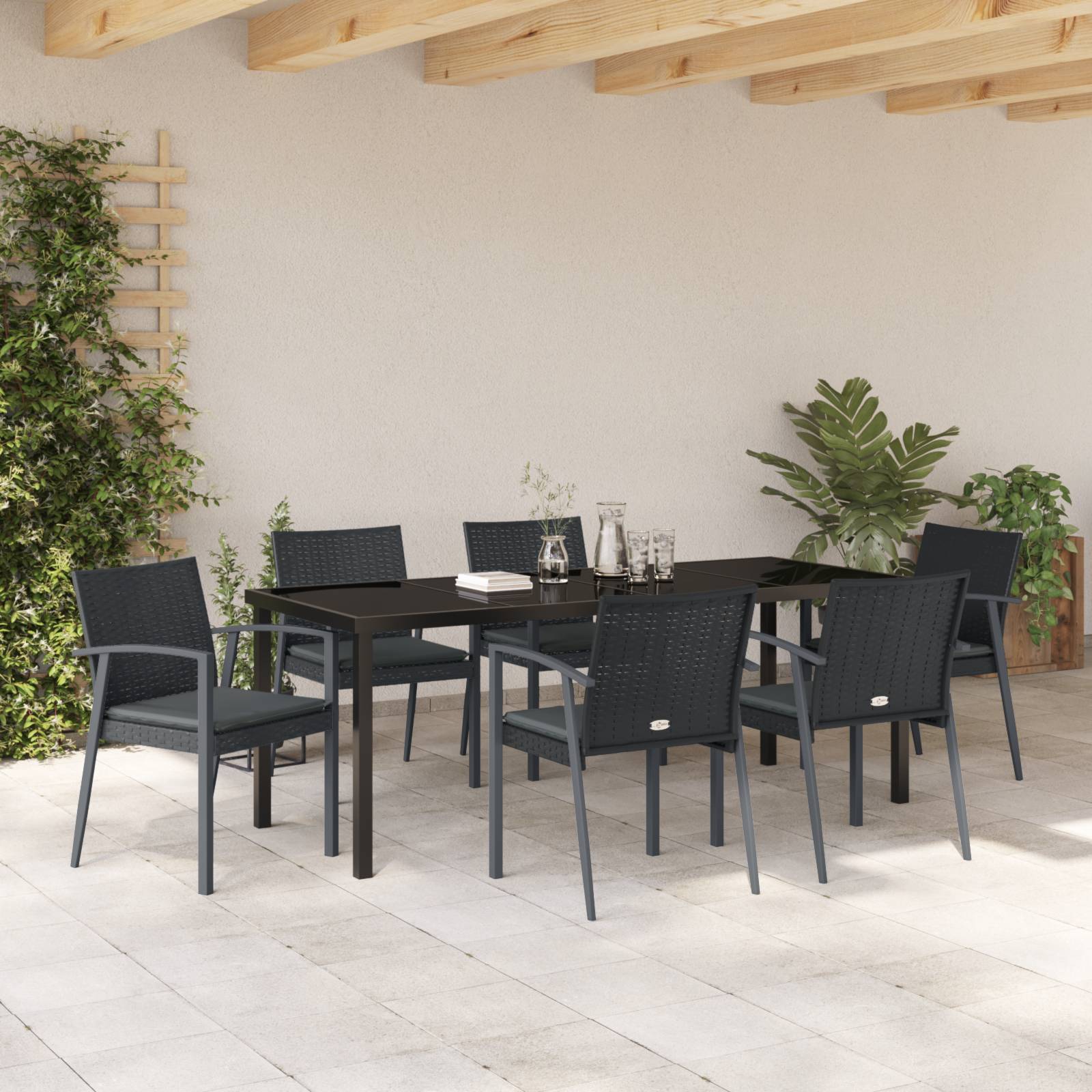 vidaXL 7-teiliges Garten-Essset mit Kissen Schwarz Poly Rattan