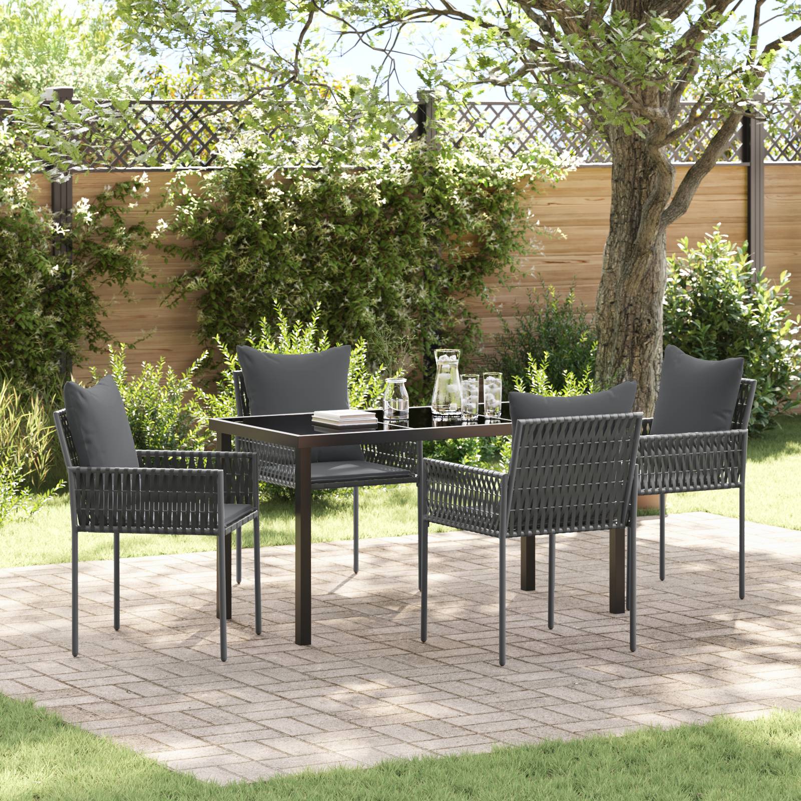 vidaXL 5-tlg. Garten-Essgruppe mit Kissen Schwarz Poly Rattan