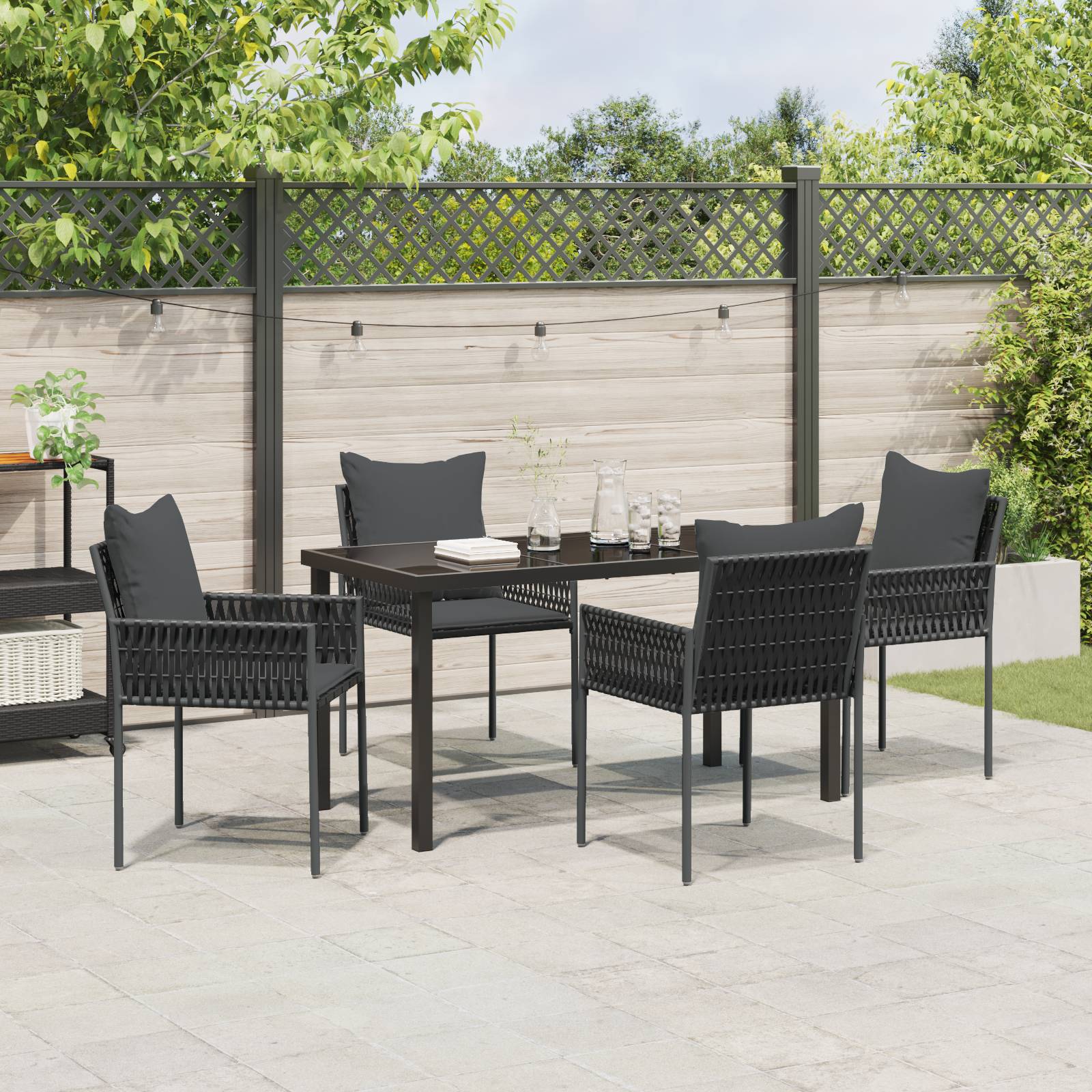 vidaXL 5-tlg. Garten-Essgruppe mit Kissen Schwarz Poly Rattan