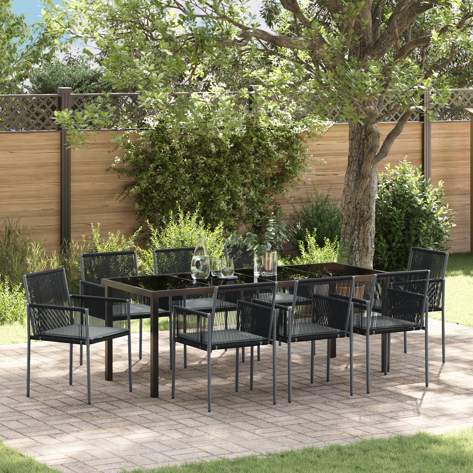 vidaXL 9-teiliges Garten-Esszimmer-Set mit Kissen Schwarz Poly-Rattan