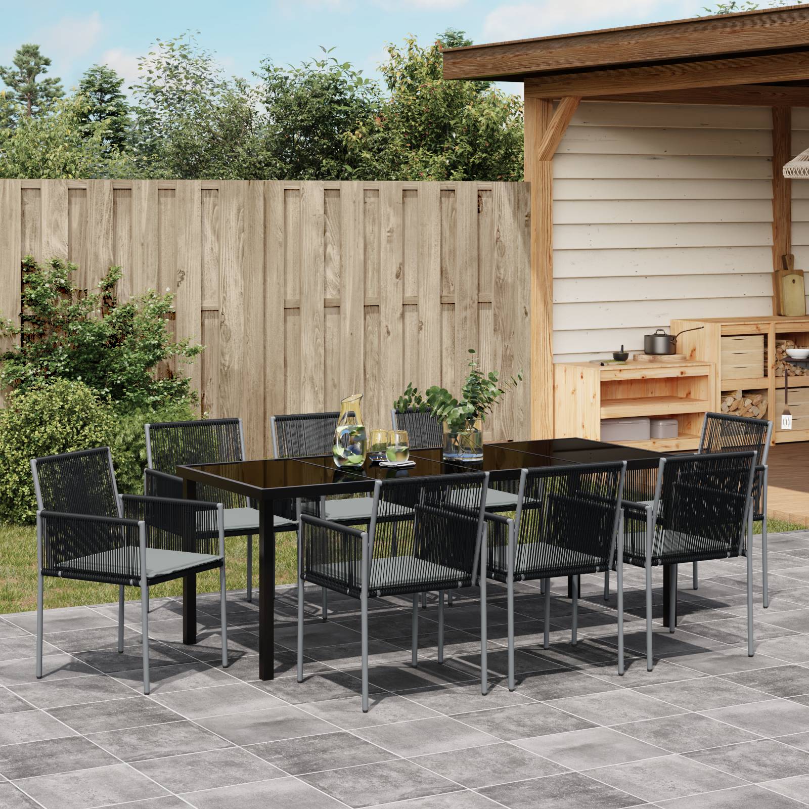 vidaXL 9-teiliges Garten-Esszimmer-Set mit Kissen Schwarz Poly-Rattan