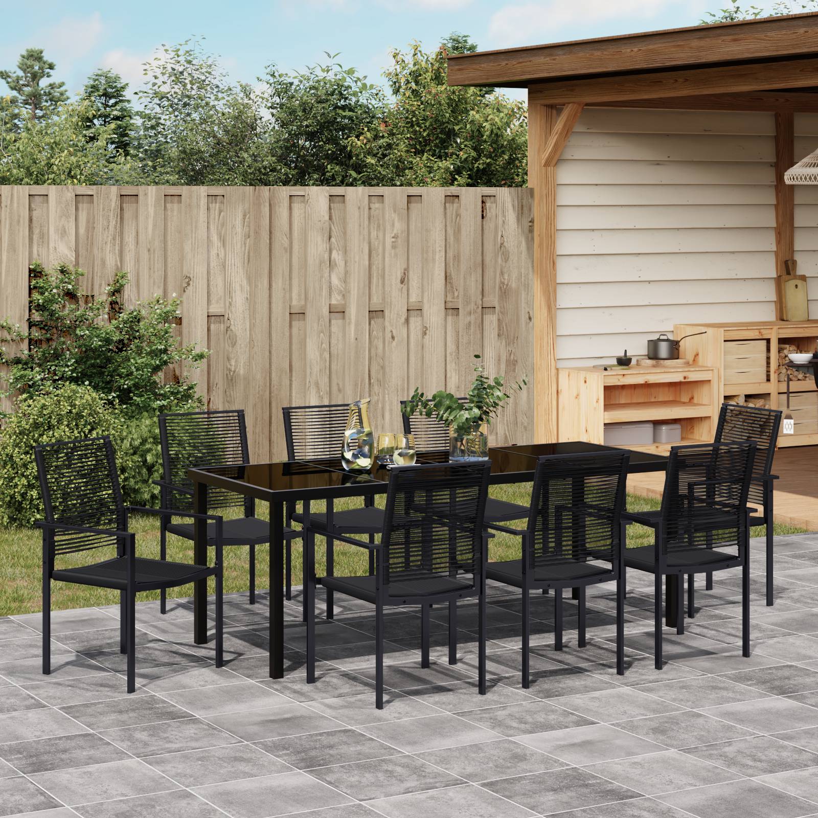 vidaXL 9-tlg. Garten-Essgruppe Schwarz PVC-Rattan