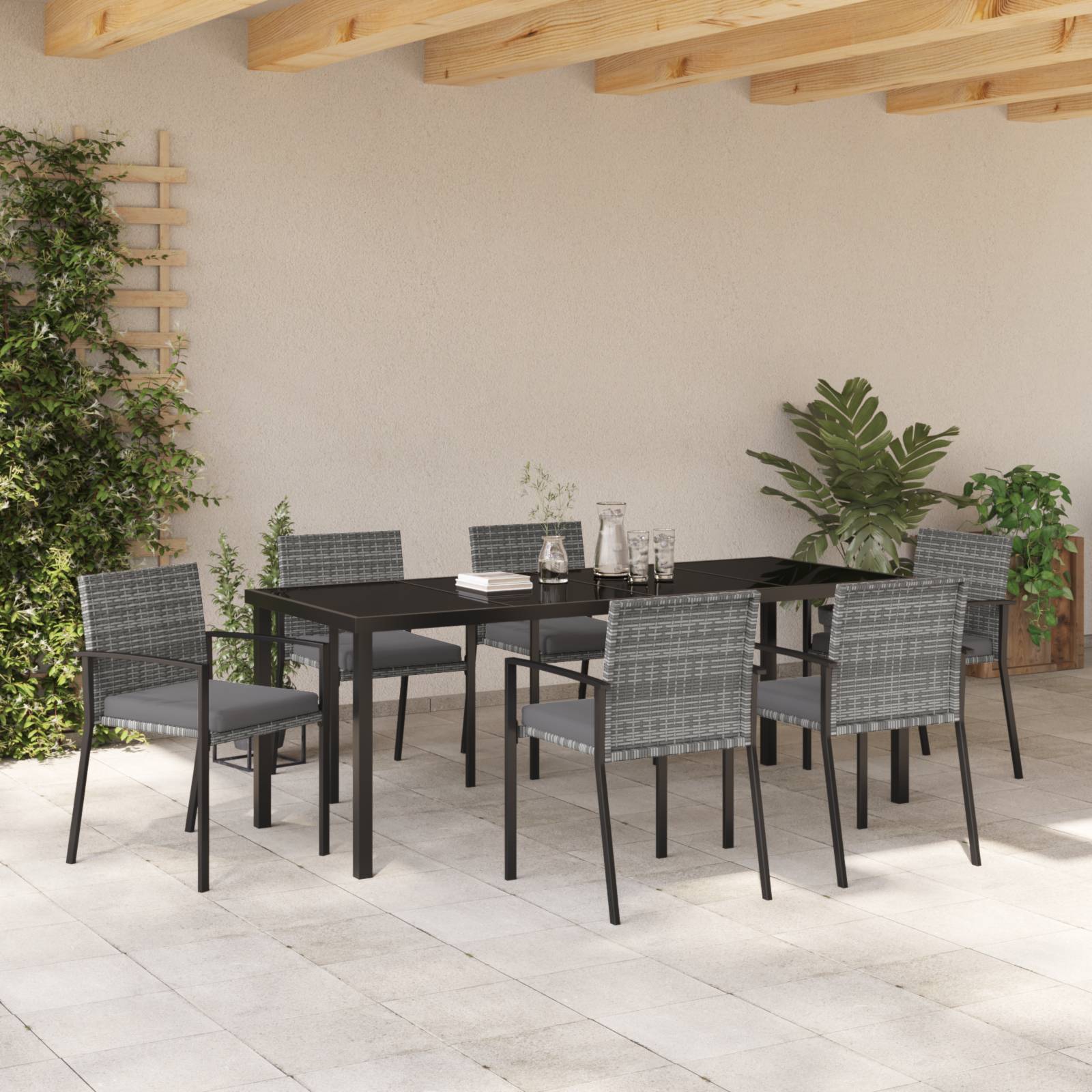 vidaXL 7-teiliges Garten Esszimmer Set Grau Poly-Rattan