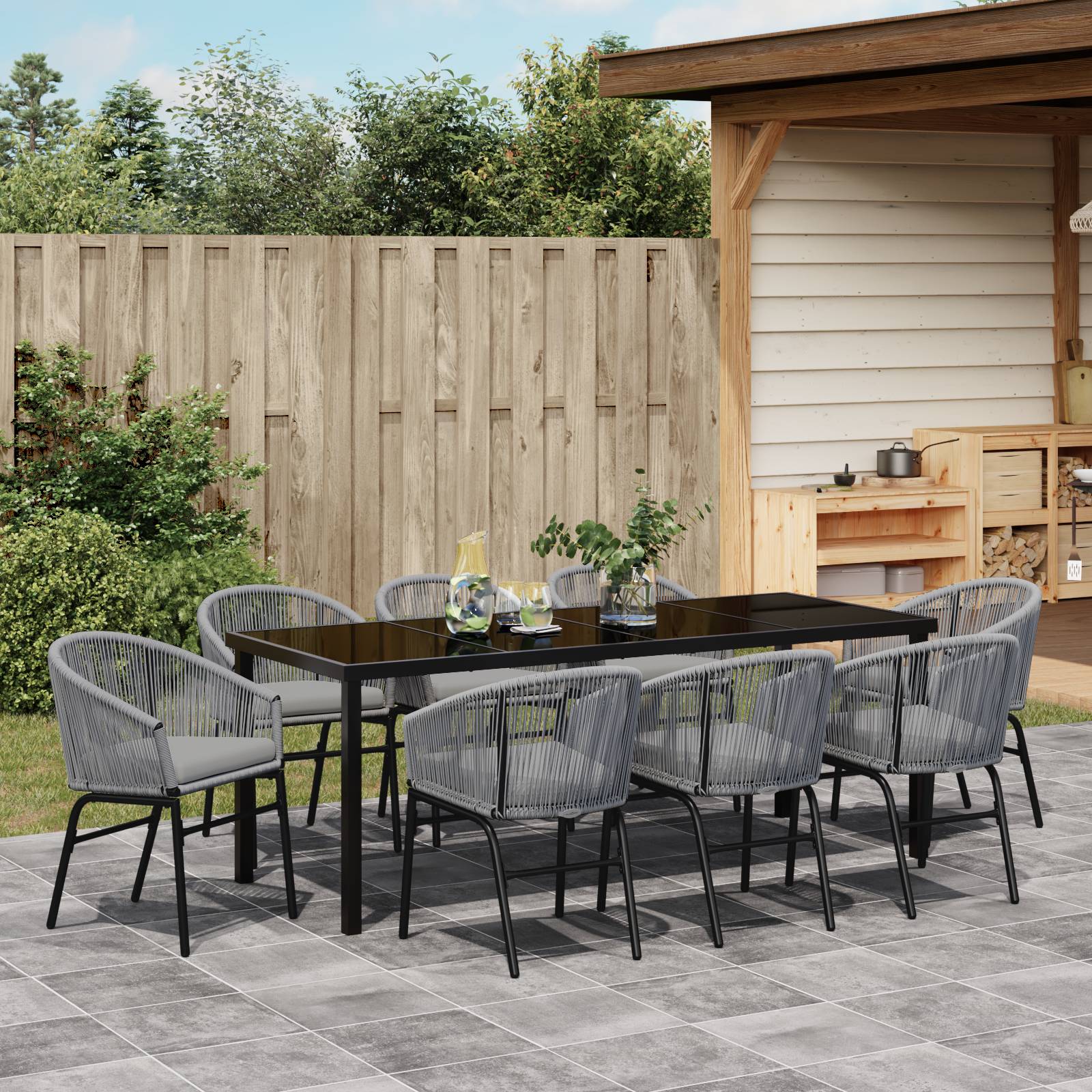 vidaXL 9-teiliges Gartentisch-Set in Grau Poly-Rattan
