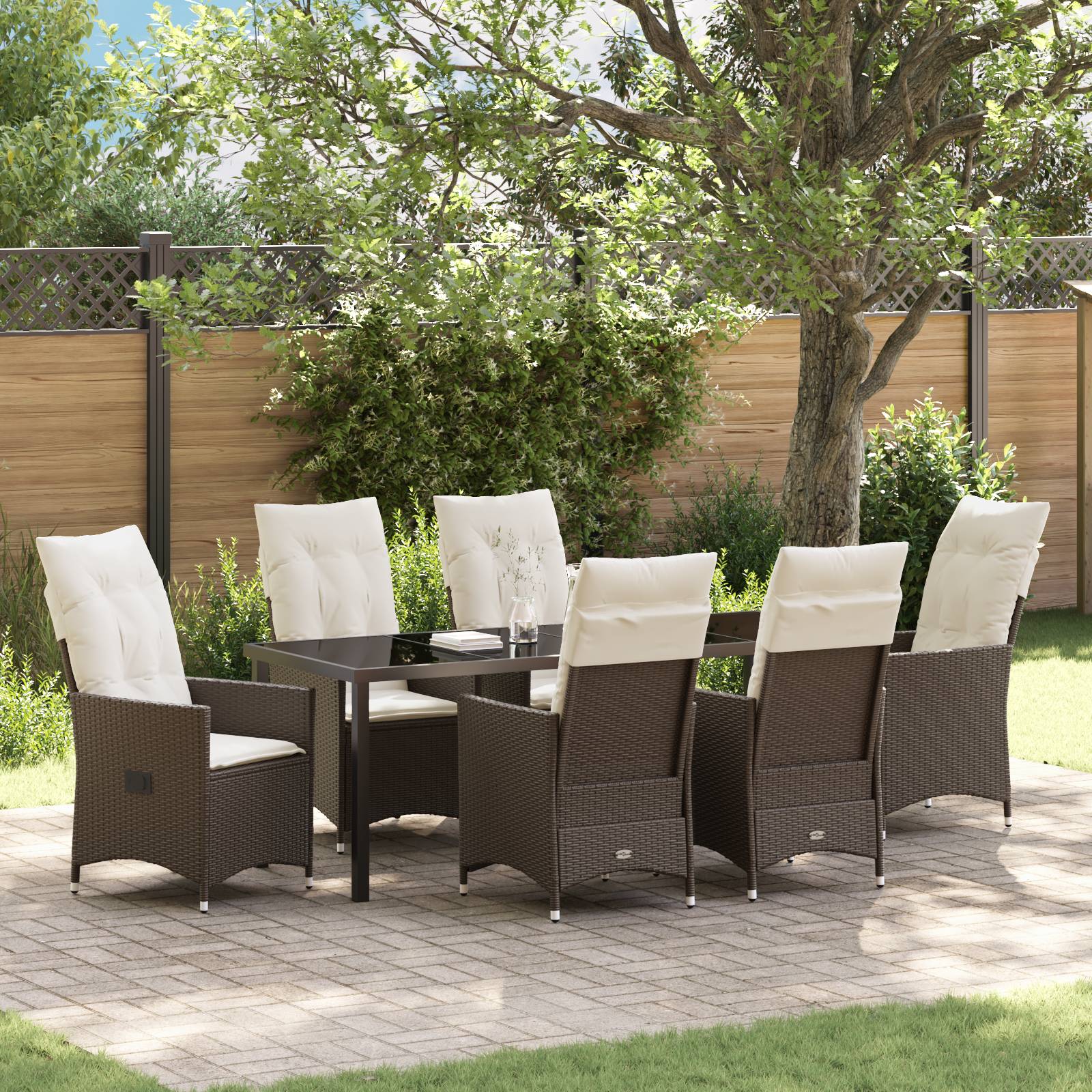 vidaXL 7-tlg Garten-Dining-Set mit Kissen in Braun, Poly-Rattan