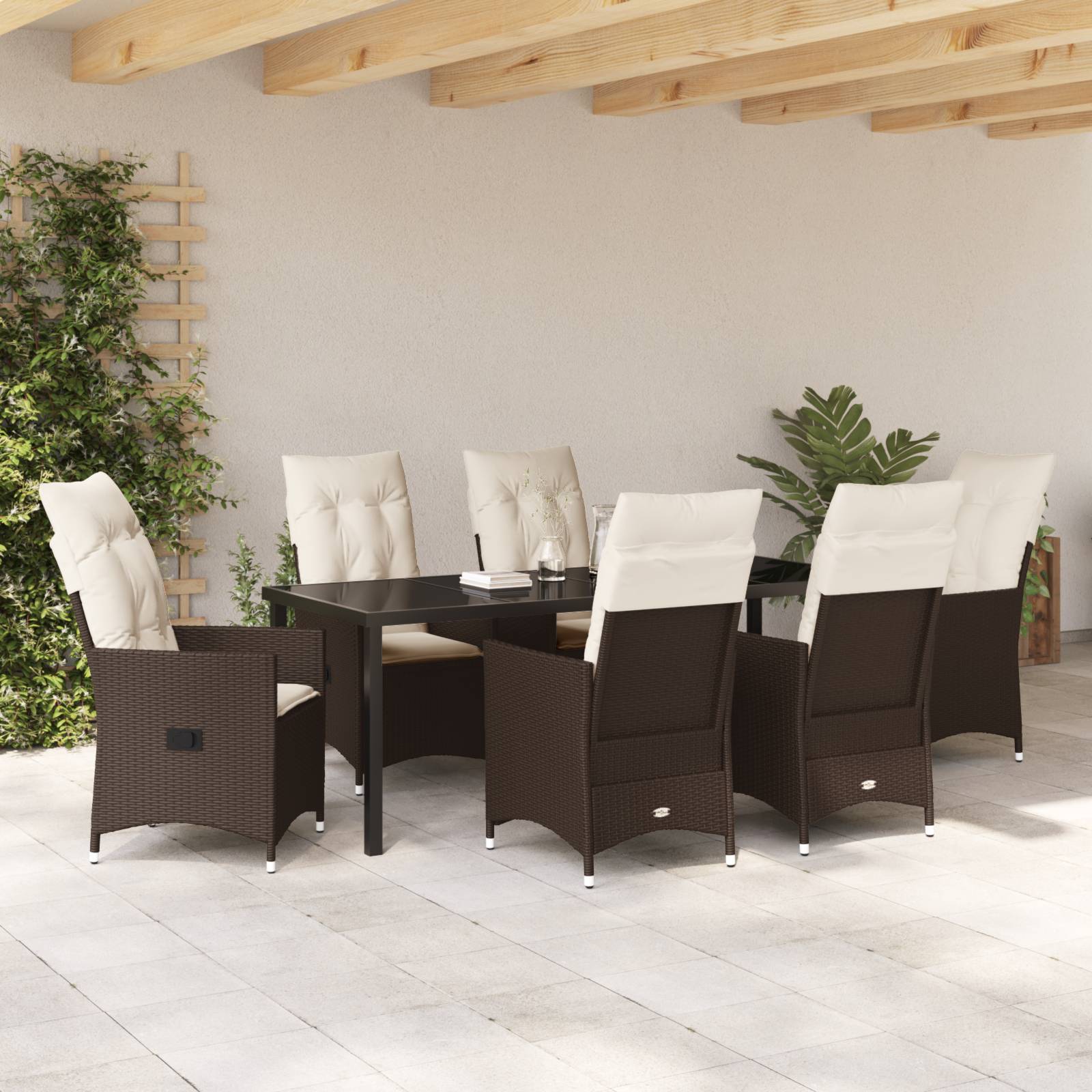 vidaXL 7-tlg Garten-Dining-Set mit Kissen in Braun, Poly-Rattan
