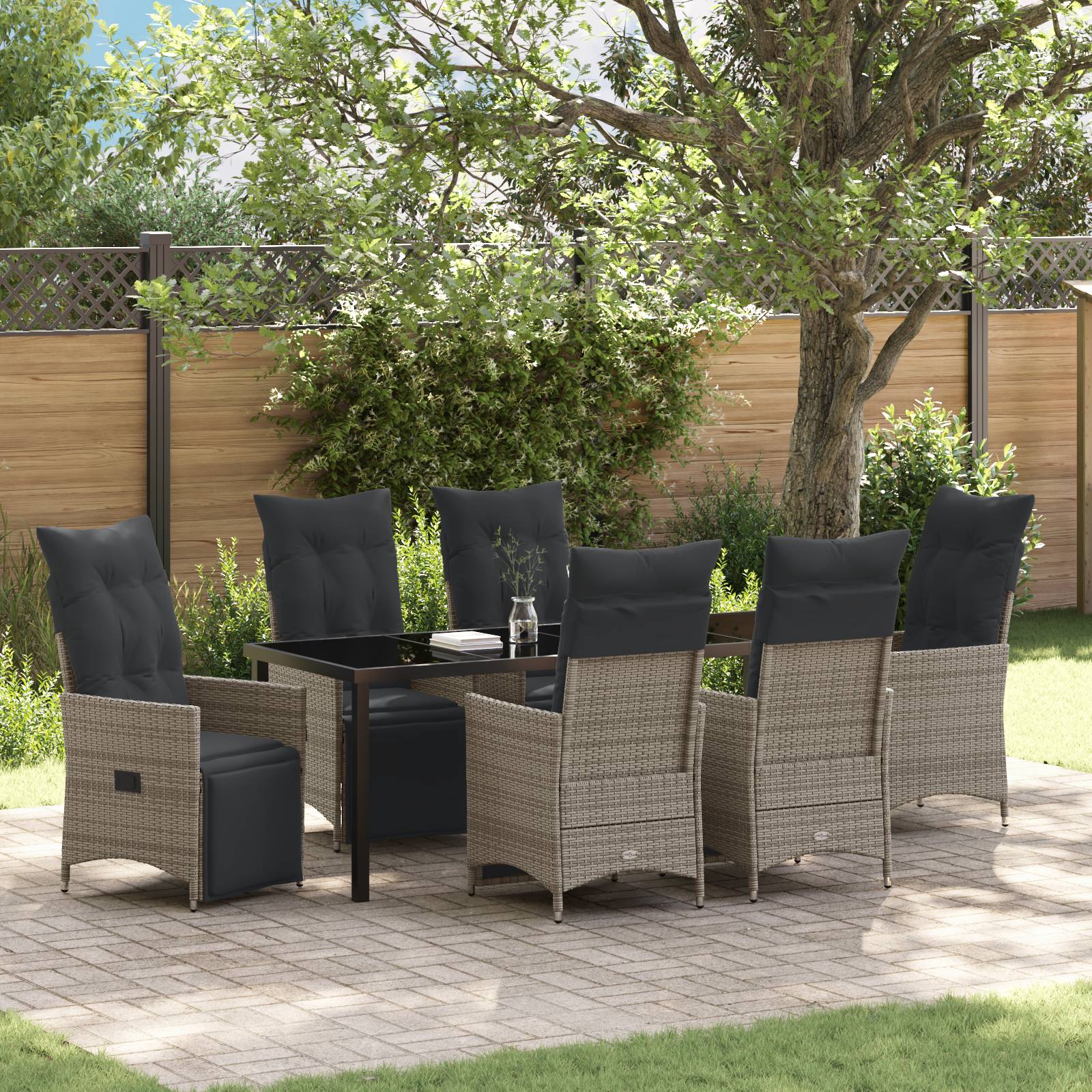 vidaXL 7-teiliges Garten-Dining-Set mit Kissen Grau Poly-Rattan