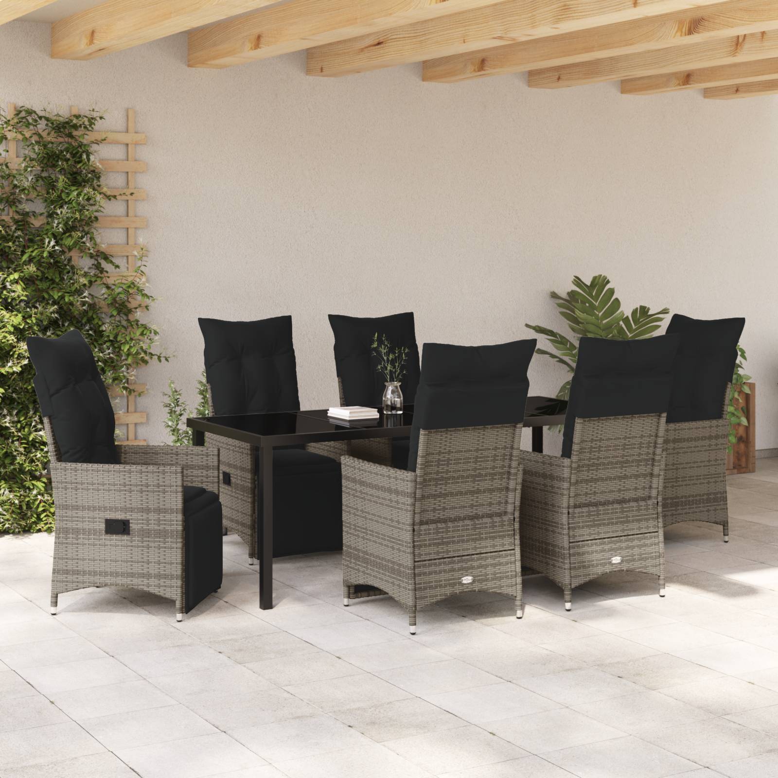 vidaXL 7-teiliges Garten-Dining-Set mit Kissen Grau Poly-Rattan