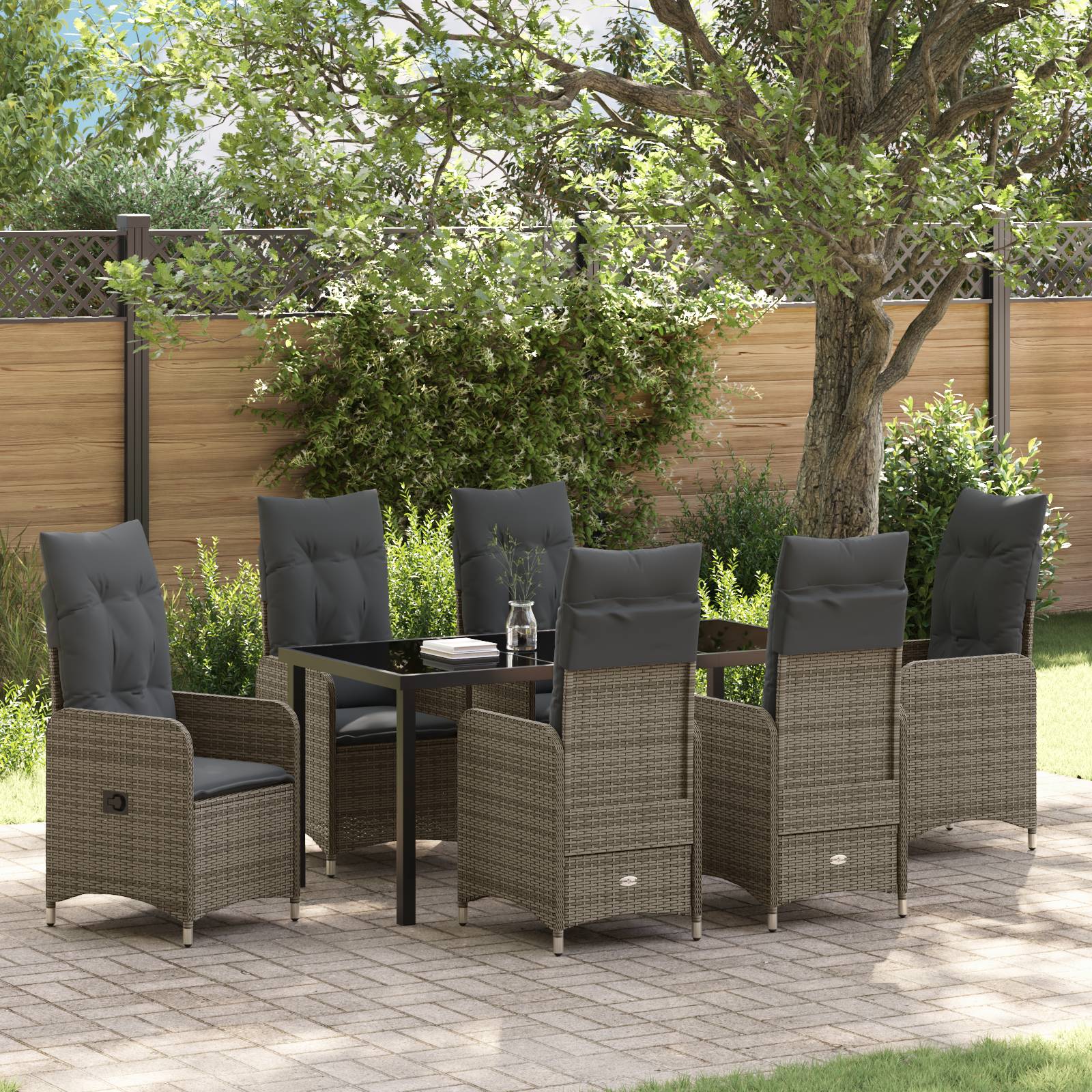 vidaXL 7-tlg. Garten-Essgruppe mit Kissen Grau Poly Rattan