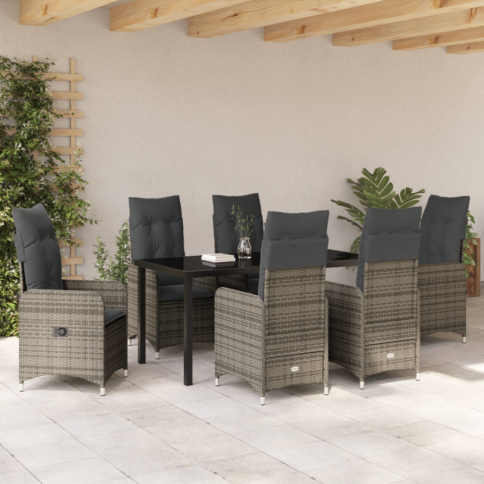vidaXL 7-tlg. Garten-Essgruppe mit Kissen Grau Poly Rattan