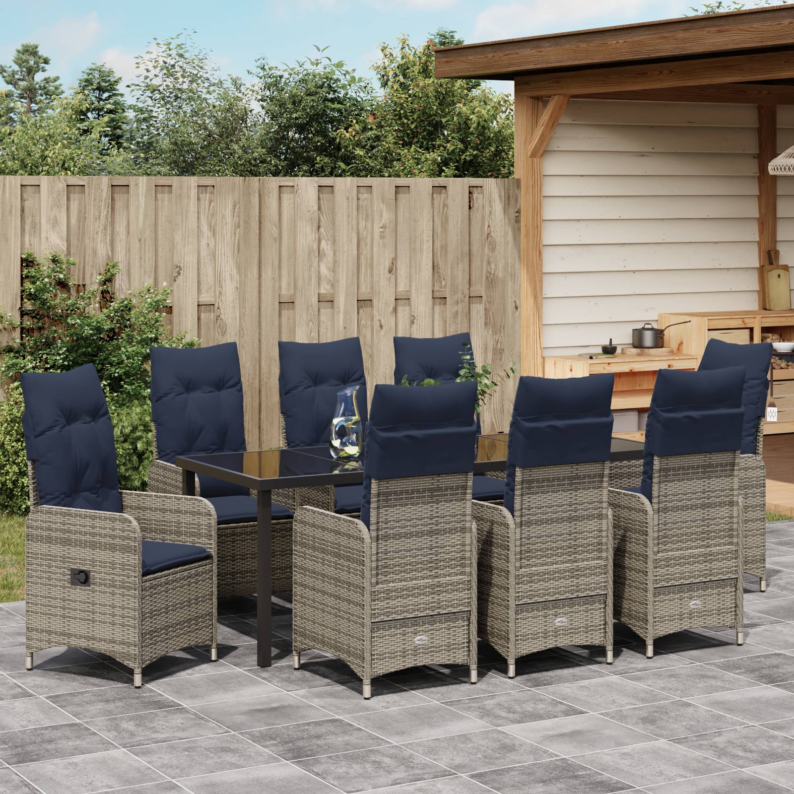 vidaXL 9-tlg. Garten-Essgruppe mit Kissen Schwarz Poly Rattan