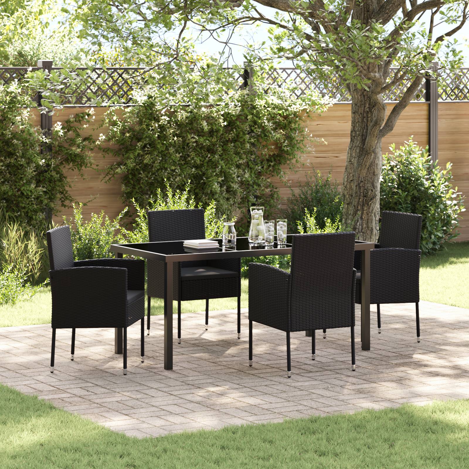 vidaXL 5-teiliges Garten Esstischset mit Kissen Schwarz Poly-Rattan