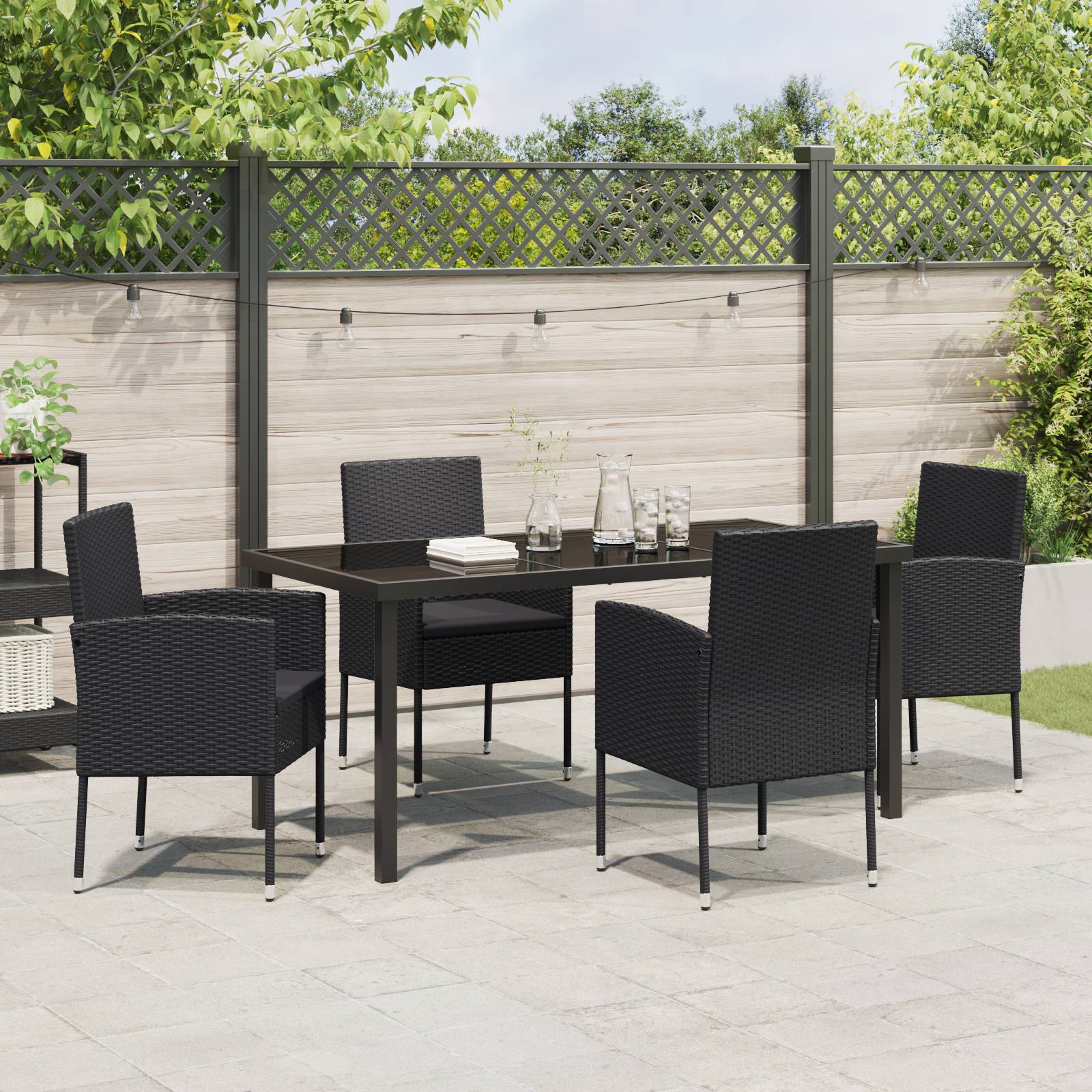 vidaXL 5-teiliges Garten Esstischset mit Kissen Schwarz Poly-Rattan