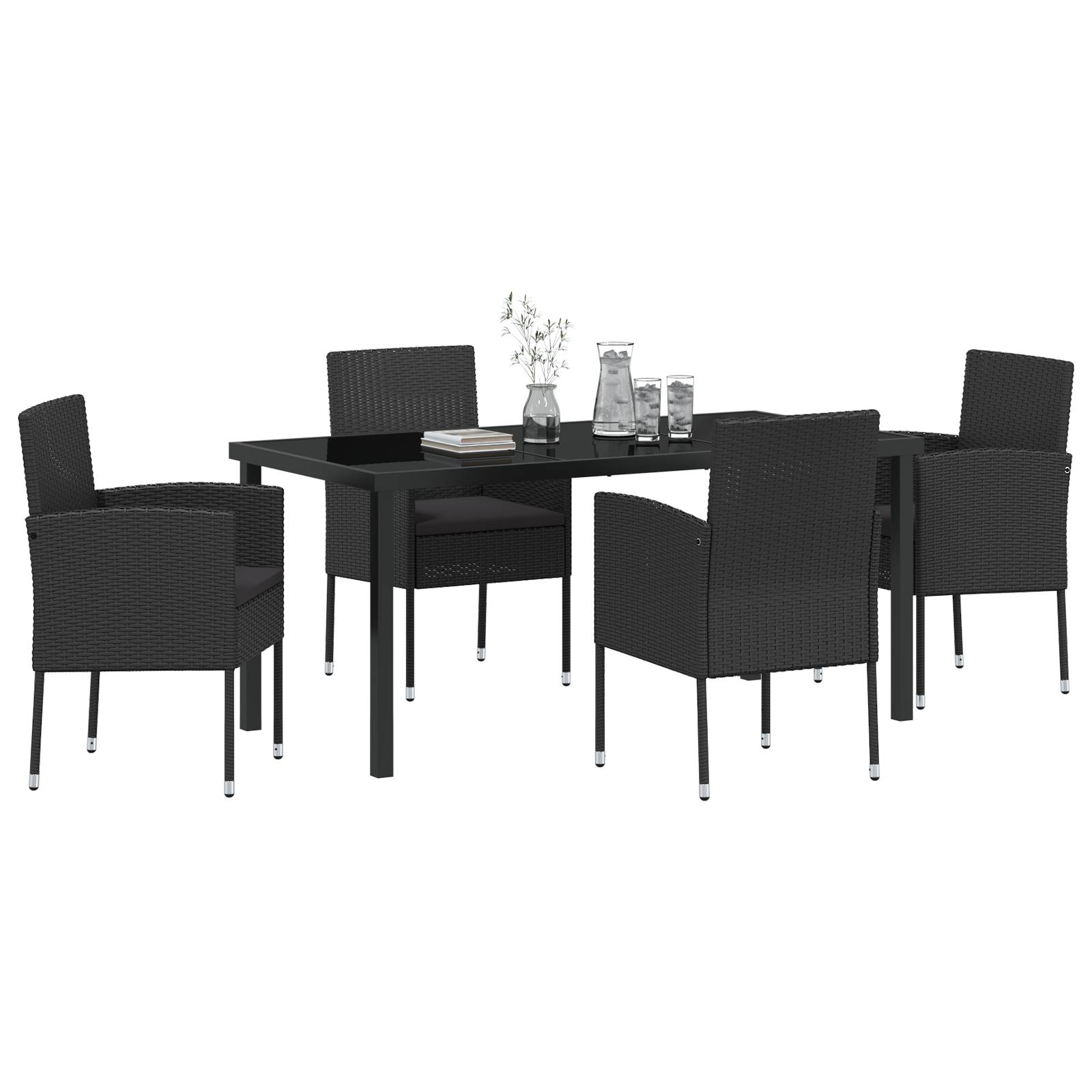 vidaXL 5-teiliges Garten Esstischset mit Kissen Schwarz Poly-Rattan