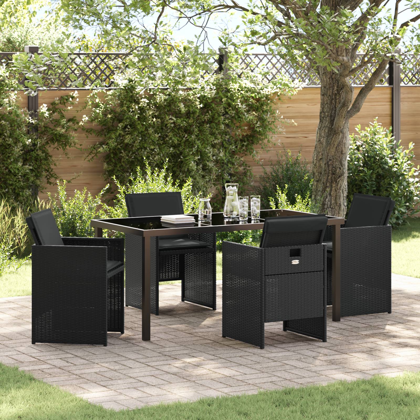 vidaXL 5-teiliges Garten-Essset mit Kissen aus schwarzem Poly-Rattan