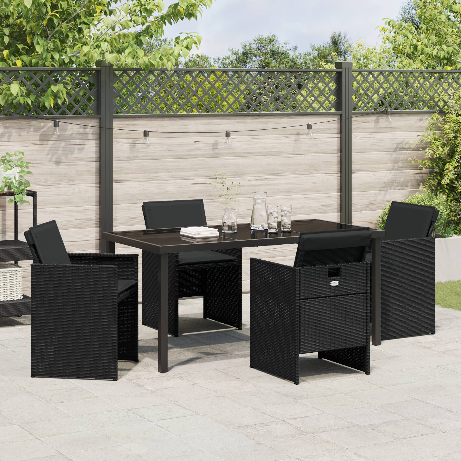 vidaXL 5-teiliges Garten-Essset mit Kissen aus schwarzem Poly-Rattan