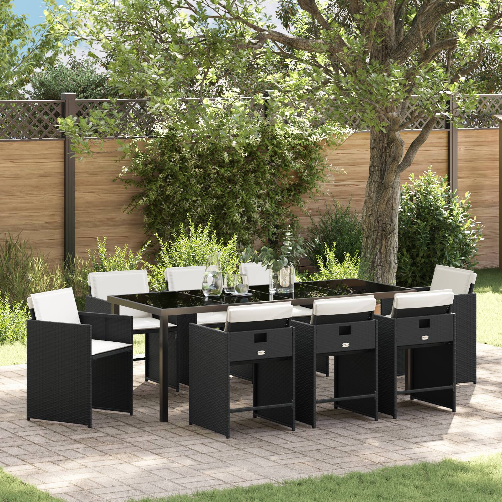 vidaXL 9-teiliges Garten-Essset mit Kissen aus schwarzem Poly-Rattan