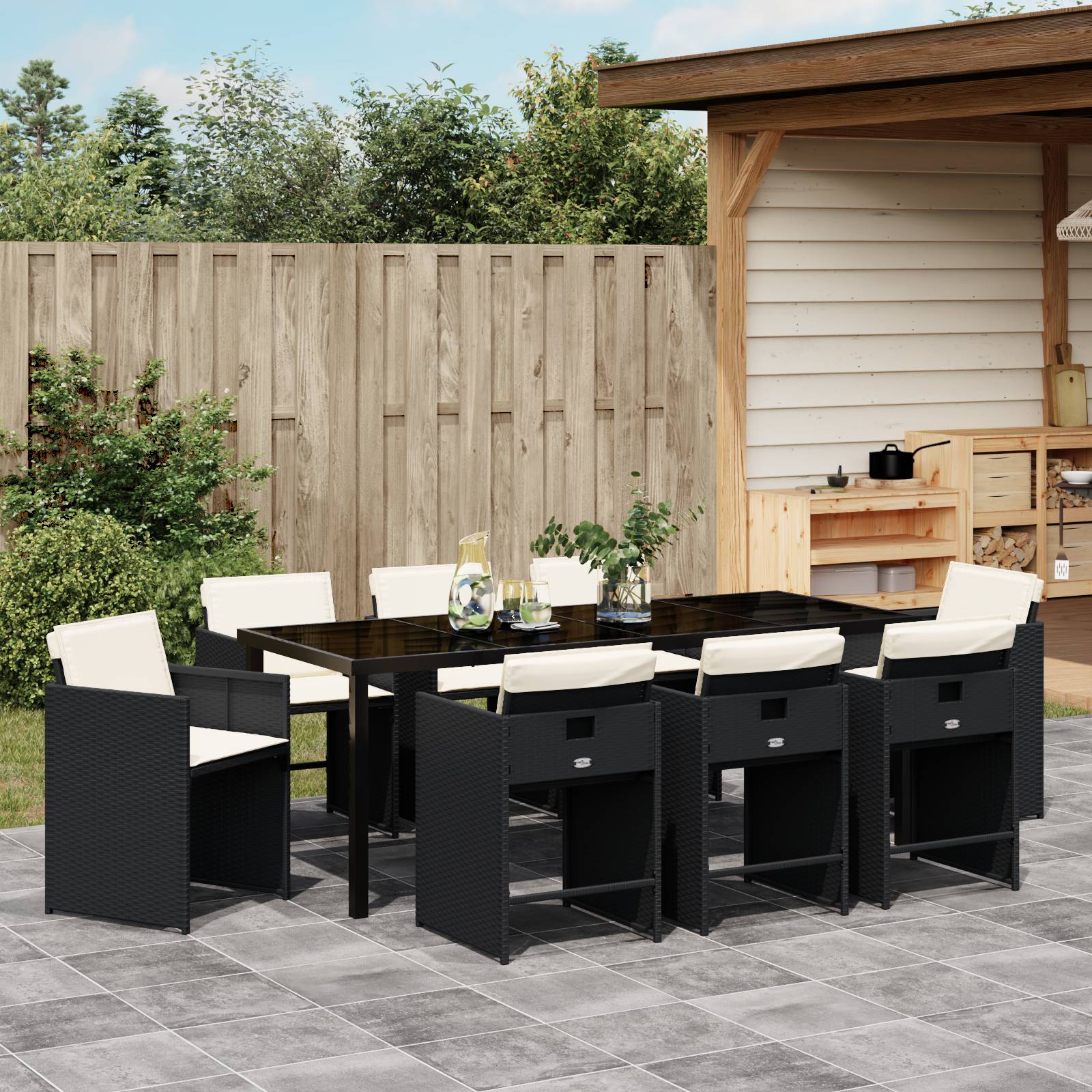 vidaXL 9-teiliges Garten-Essset mit Kissen aus schwarzem Poly-Rattan