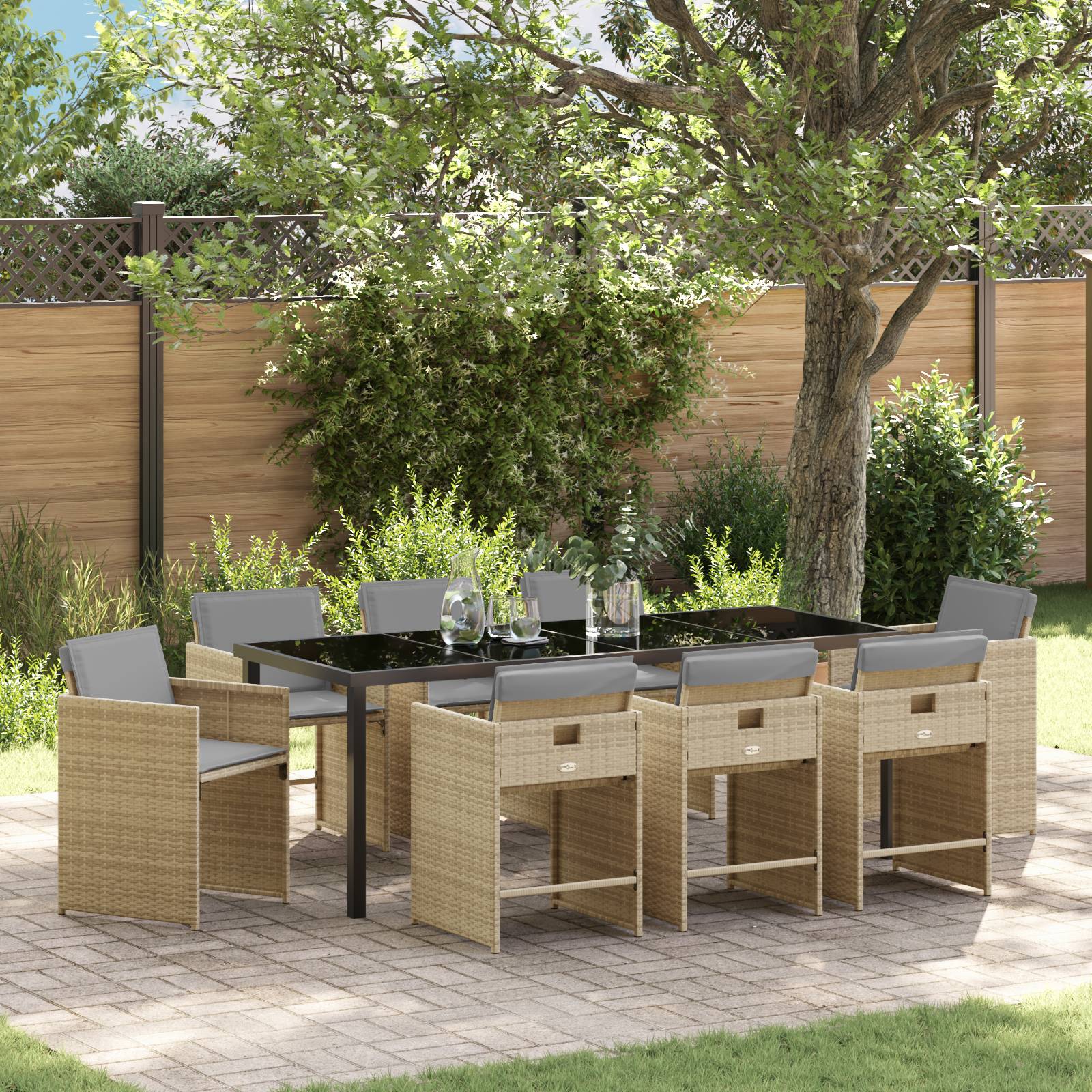 vidaXL 9-teiliges Gartenmöbelset mit Kissen Beige Poly Rattan