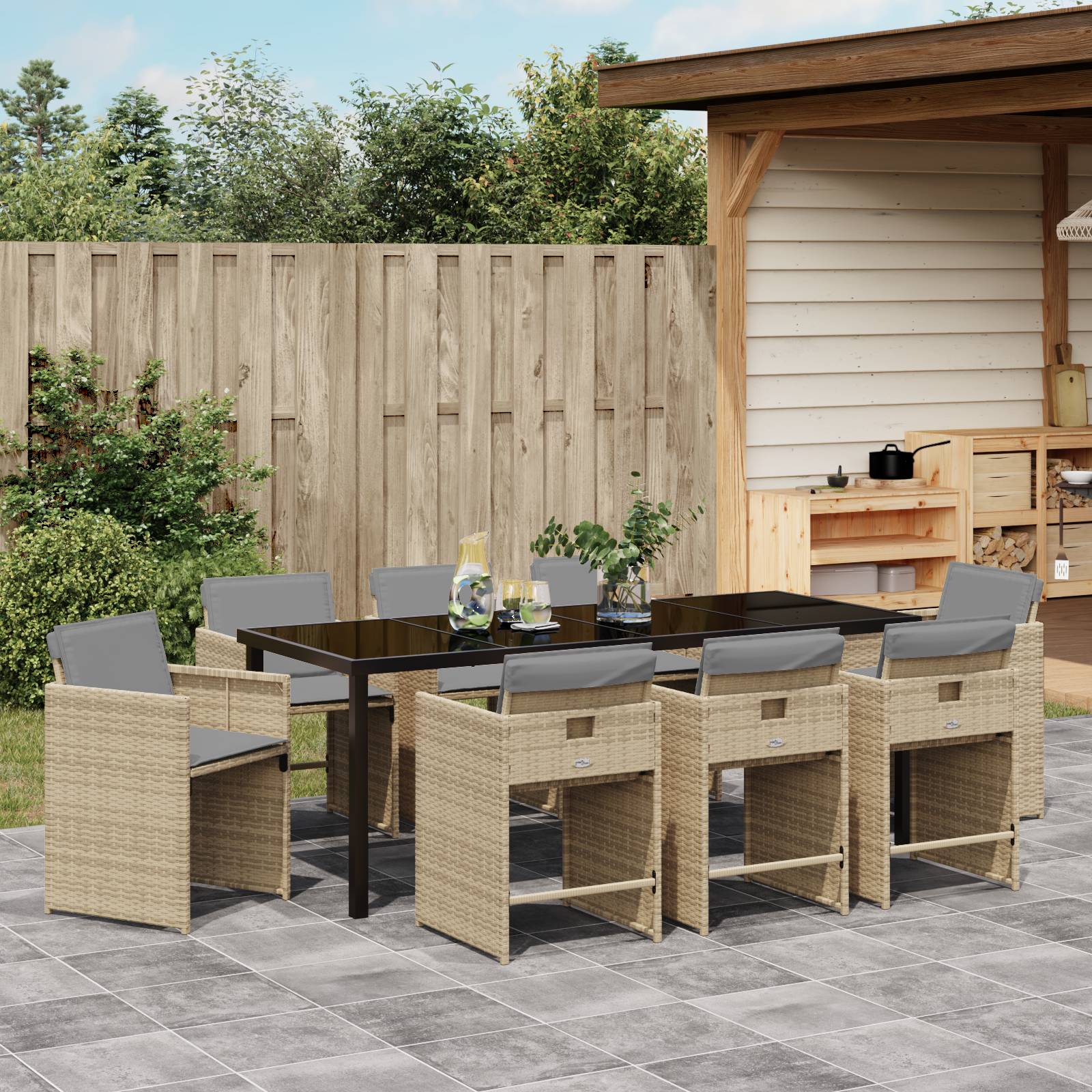 vidaXL 9-teiliges Gartenmöbelset mit Kissen Beige Poly Rattan